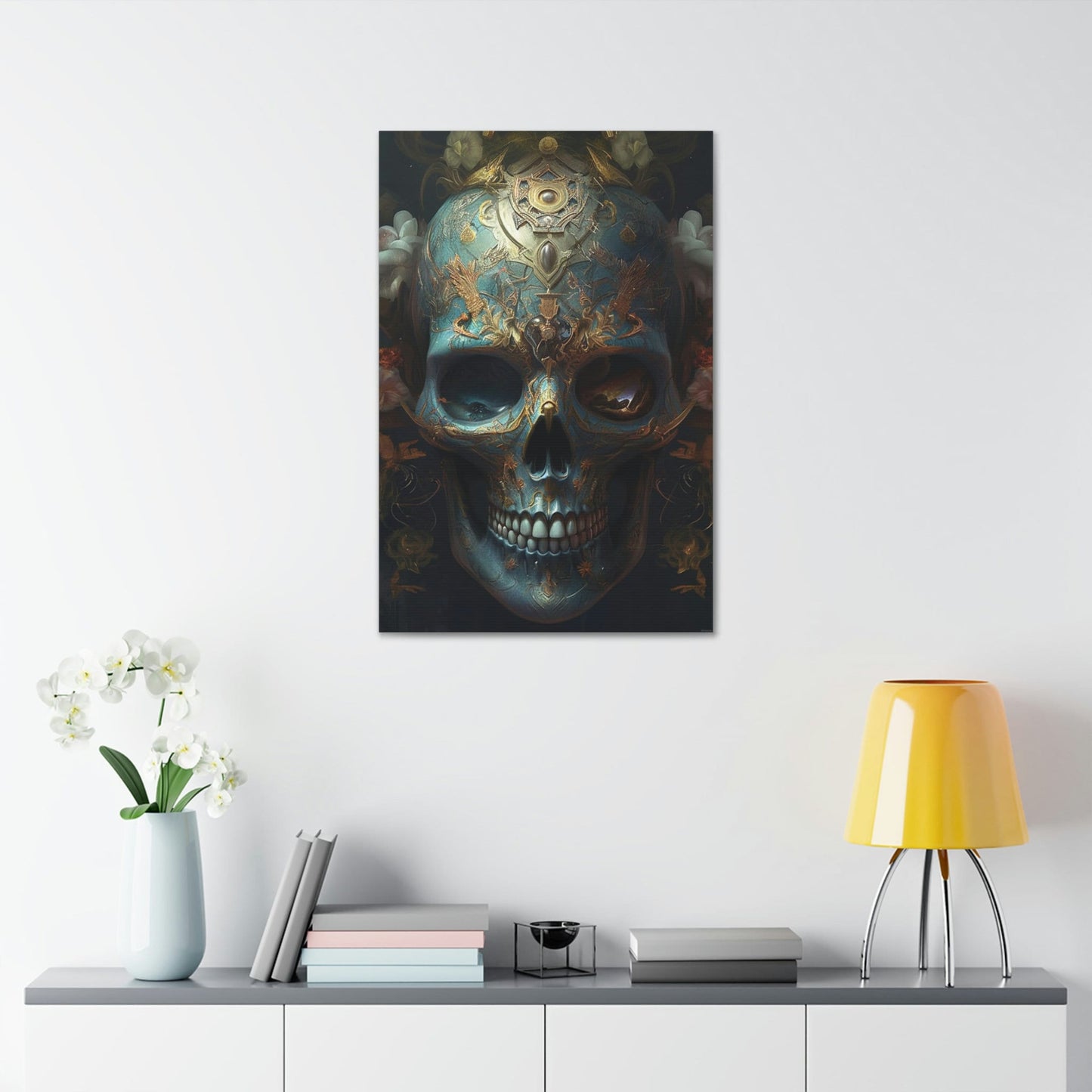 Ornate Skull #1: AI hyper realistic wall art painting of a sky blue skull covered in ornate designs & decorations. The first of many.