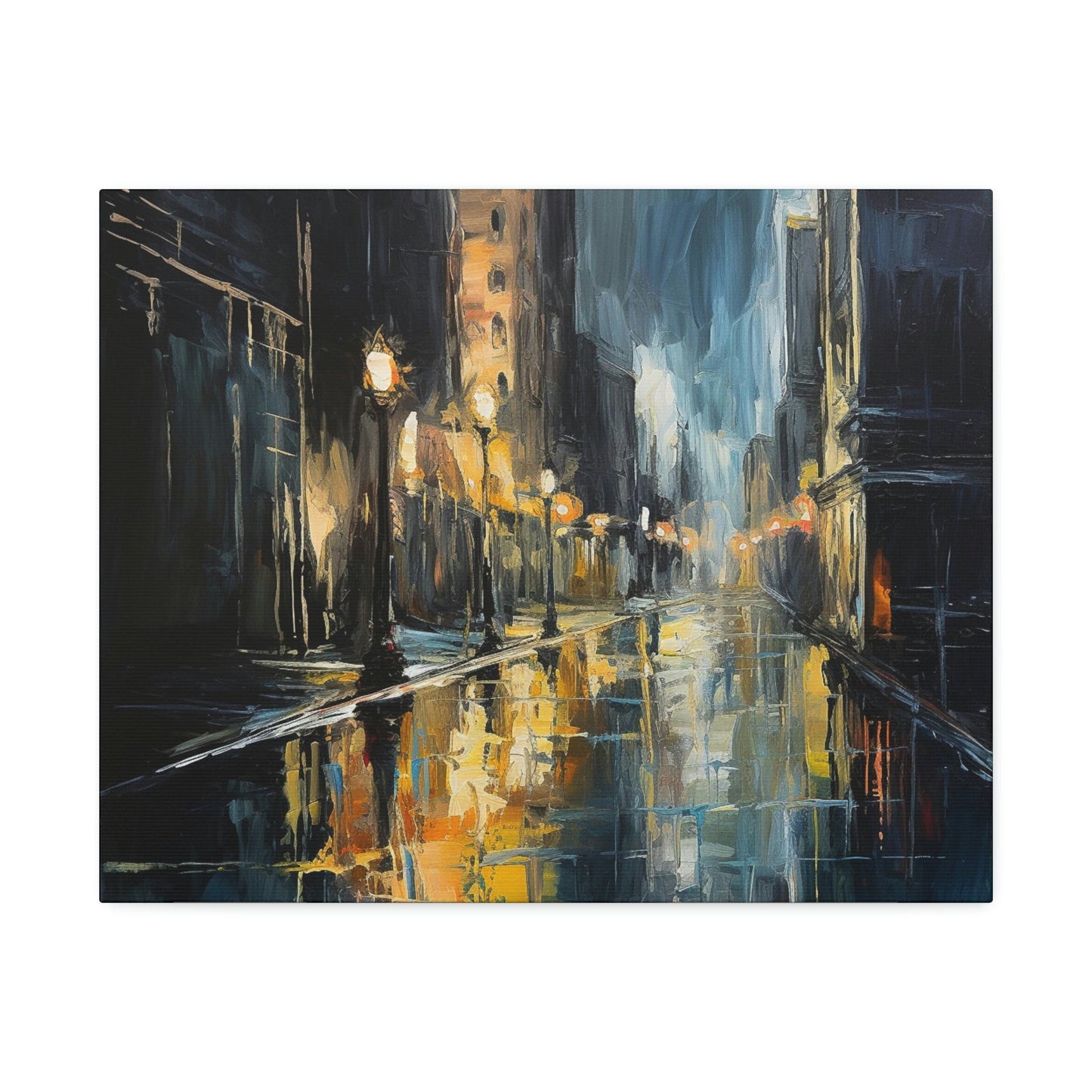 Impressionistic style Ai Wall Art. Sodden City, shows a dark and wet street scene bursting with reflections and soaked to the bone.