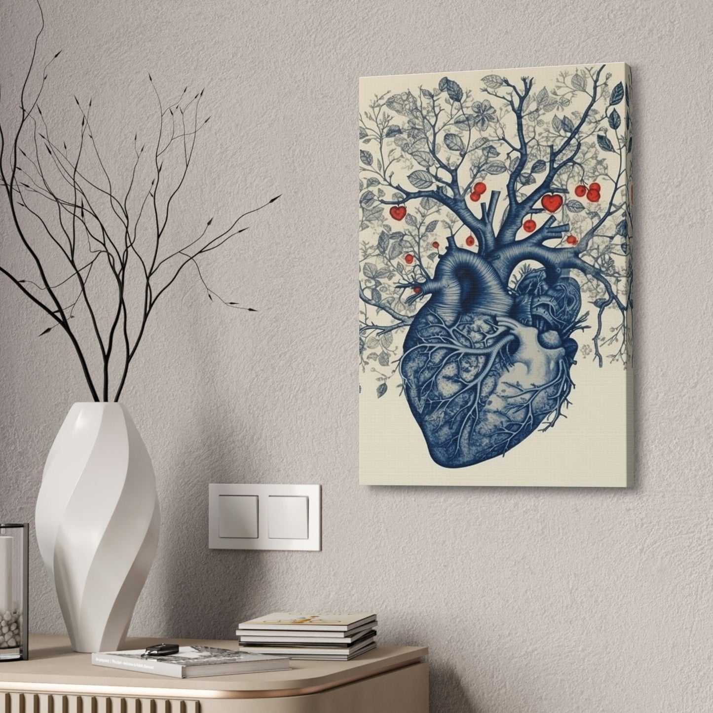 The Heart is the Root of Happiness. Ai Wall Art of an anatomical heart sprouting a tree with blooms. In Style of anatomical ink drawing.
