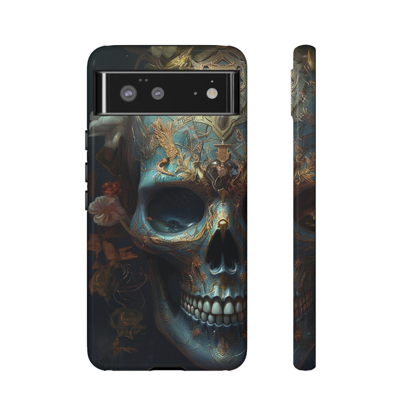 Ornate Decorated Sky Blue Skull Samsung and Google phone Tough Case | Ai Art