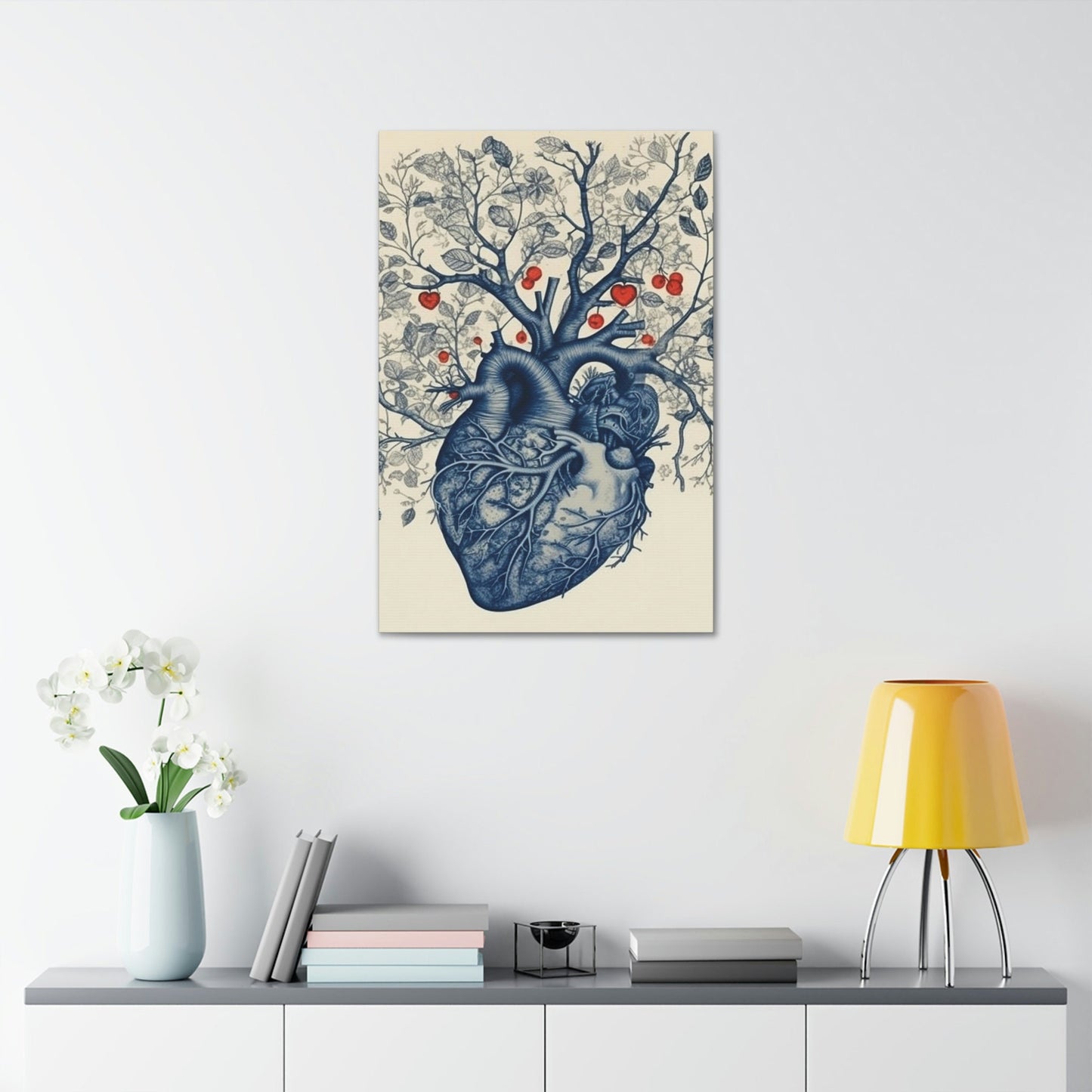 The Heart is the Root of Happiness. Ai Wall Art of an anatomical heart sprouting a tree with blooms. In Style of anatomical ink drawing.