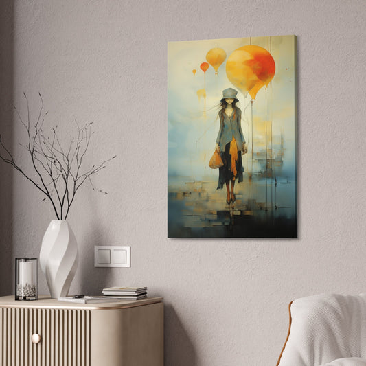 Elegant Girl with Balloons Wall Art | Whimsical and Surreal Canvas Print for Home Decor or college dorm room. Imperfect and Beautiful piece.
