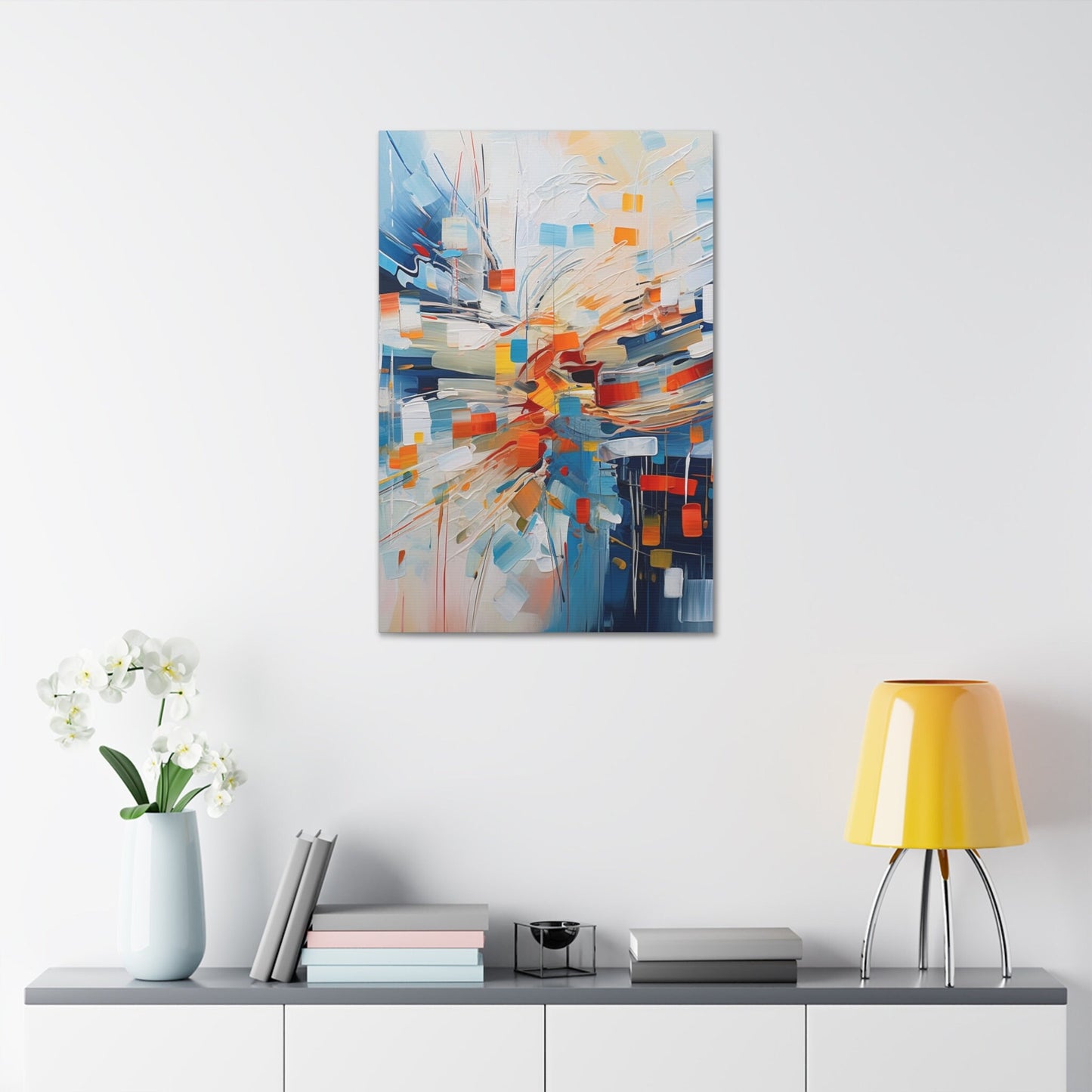 Unique wall art for college apartments or new homes | Abstract Textured Painting Print of White Noise with Red, Blue, and Orange  | Ai Art