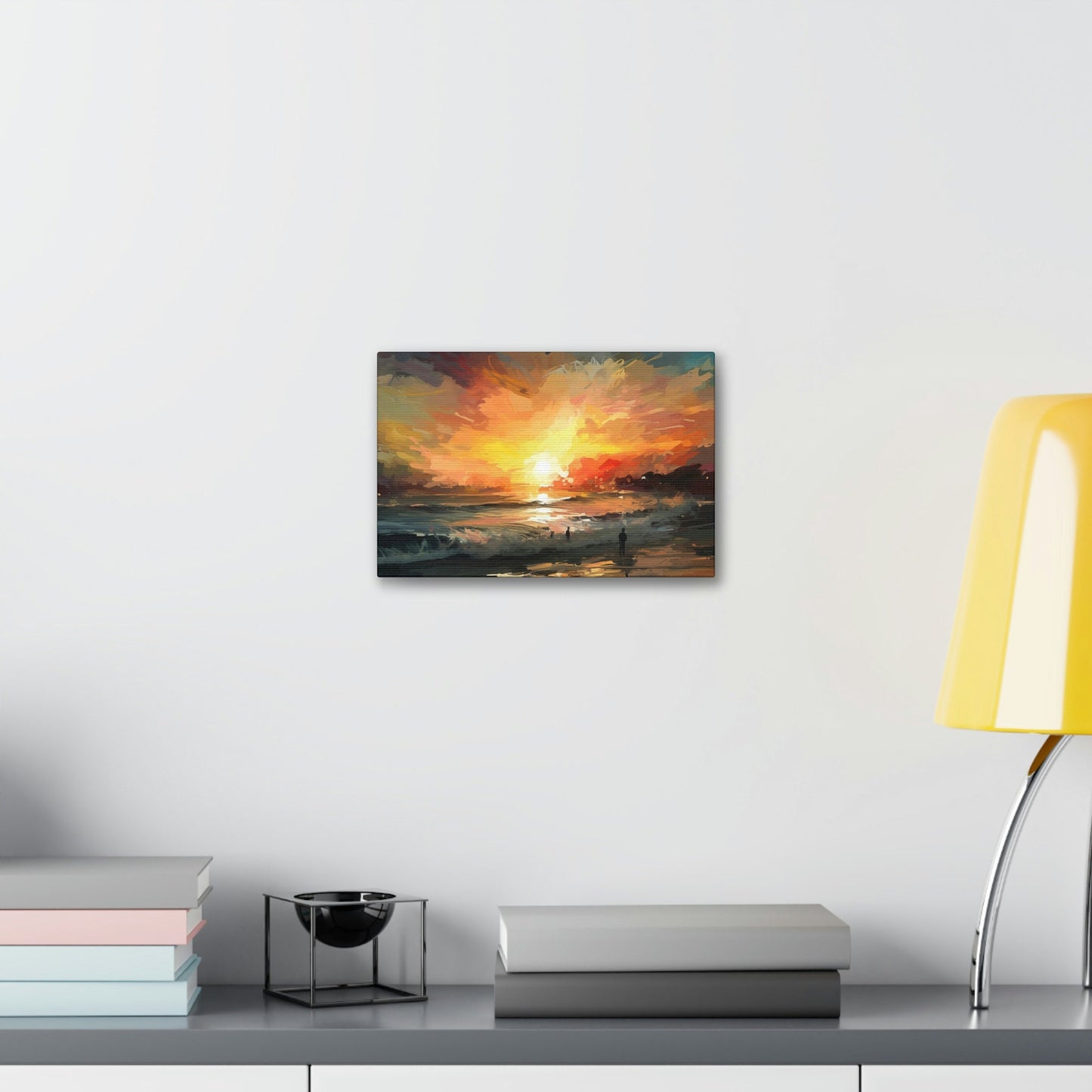 Unique wall art for college apartments or new homes | The Sky is on FIRE, Let's Surf!. Ai Art of a fiery sunset over the ocean.