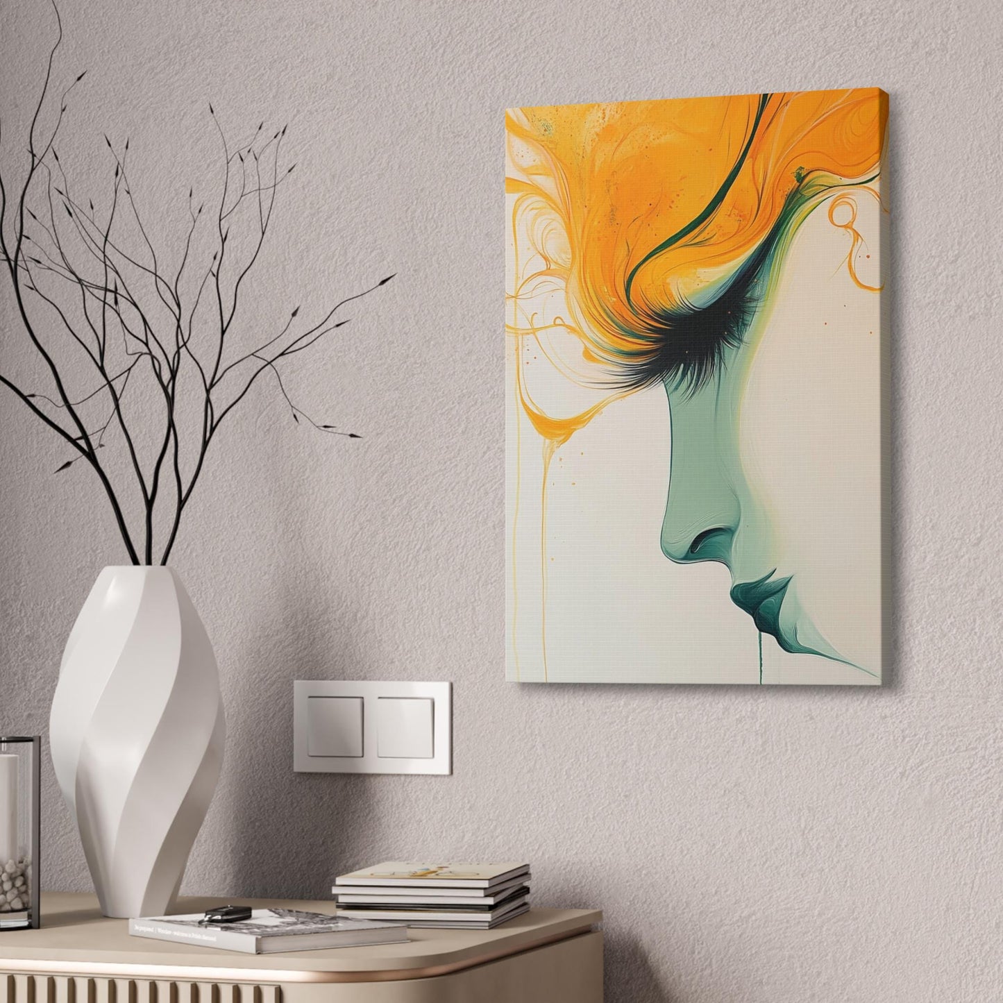 Canvas Stretched, Abstract Portrait Painting, Yellow Teal Wall Art, Modern Home Decor, Female Face Artwork, Large Canvas Print