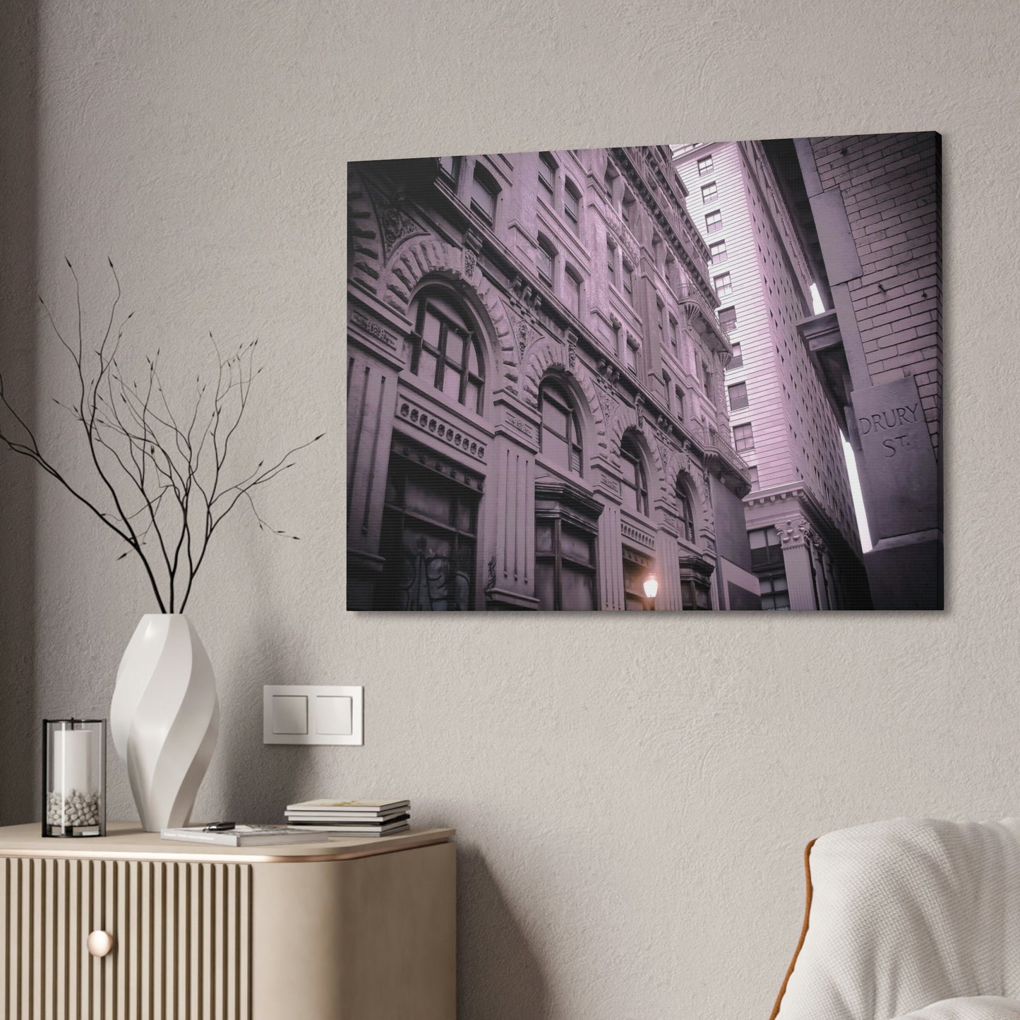 Lilac Universe of Drury Street. Slightly altered photograph of a Philadelphia street. Hints of purple and orange with a tilted perspective.