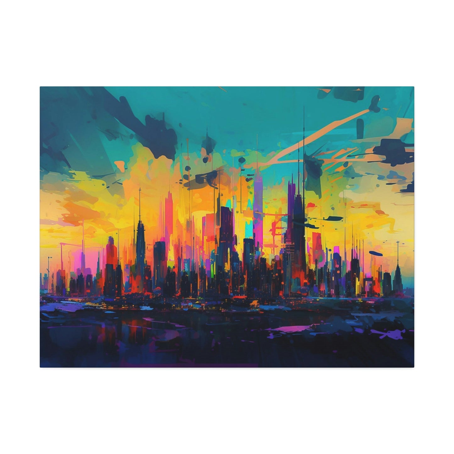 City skyline with a backdrop of bright neon colors exploding from a sunset. This impressionist style Ai Wall Art print makes an impact.
