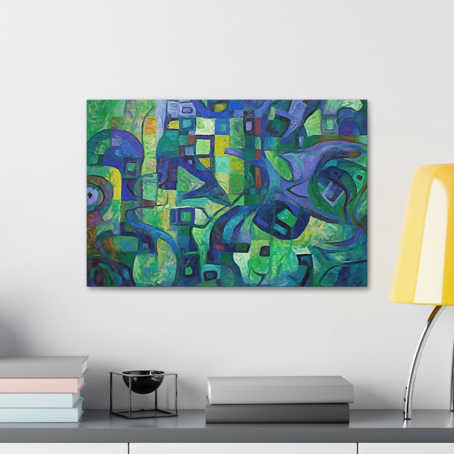 The Octopus: Ai Generated Abstract Painting Style Wall Art. Brightly colored piece. Will brighten up a dull room. Green & purple highlights.