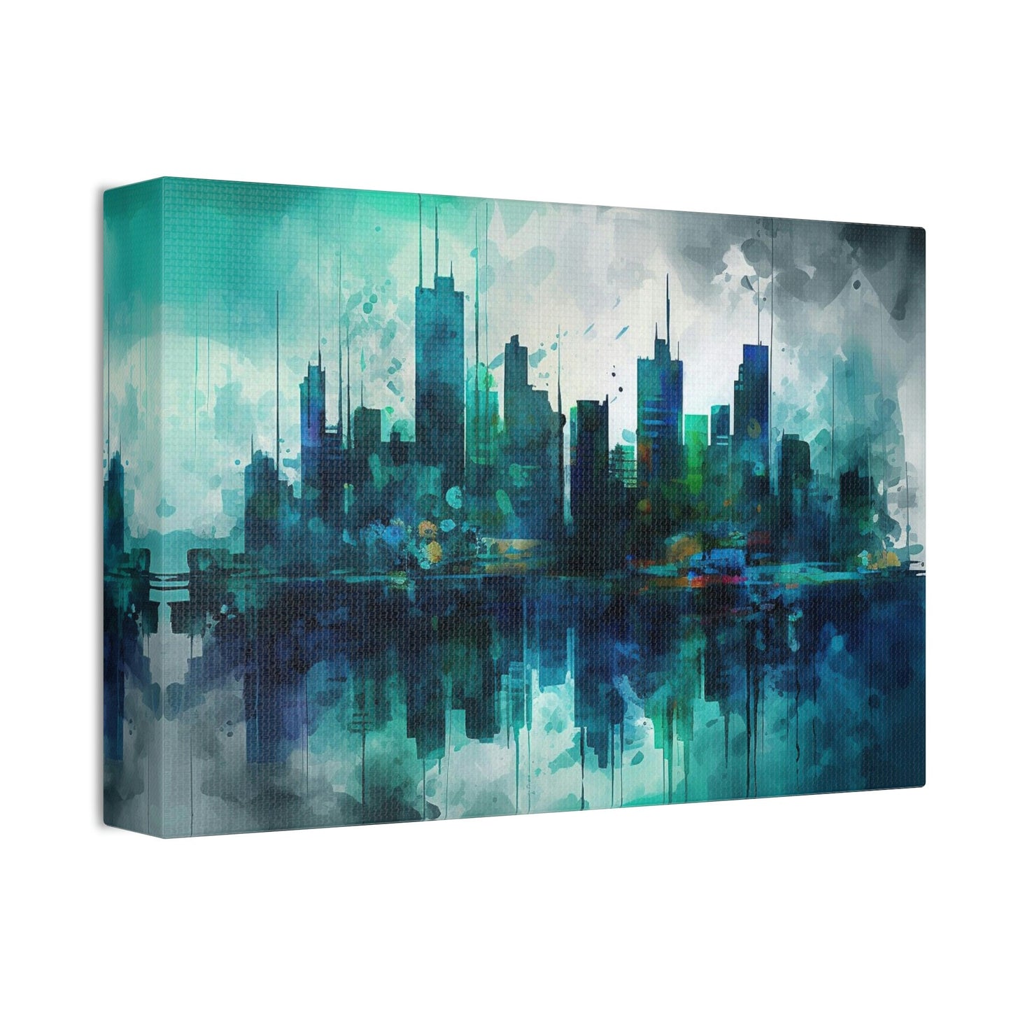 Unique wall art for college apartments or new homes | Greens and Blues of a reflected Waterfront Skyline: Ai Wall Art