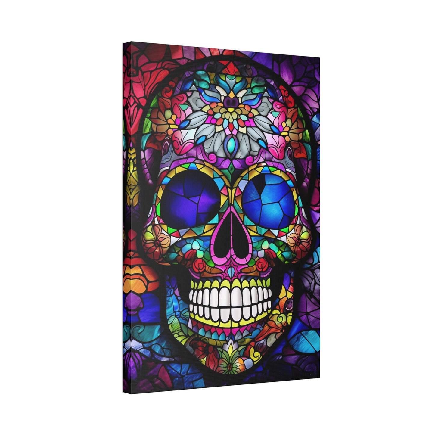 Vibrant Stained Glass Mexican Sugar Skull Print. Unique Wall Art for your Home, Apartment, Dorm Room. Folk Art Inspired Home Decor.
