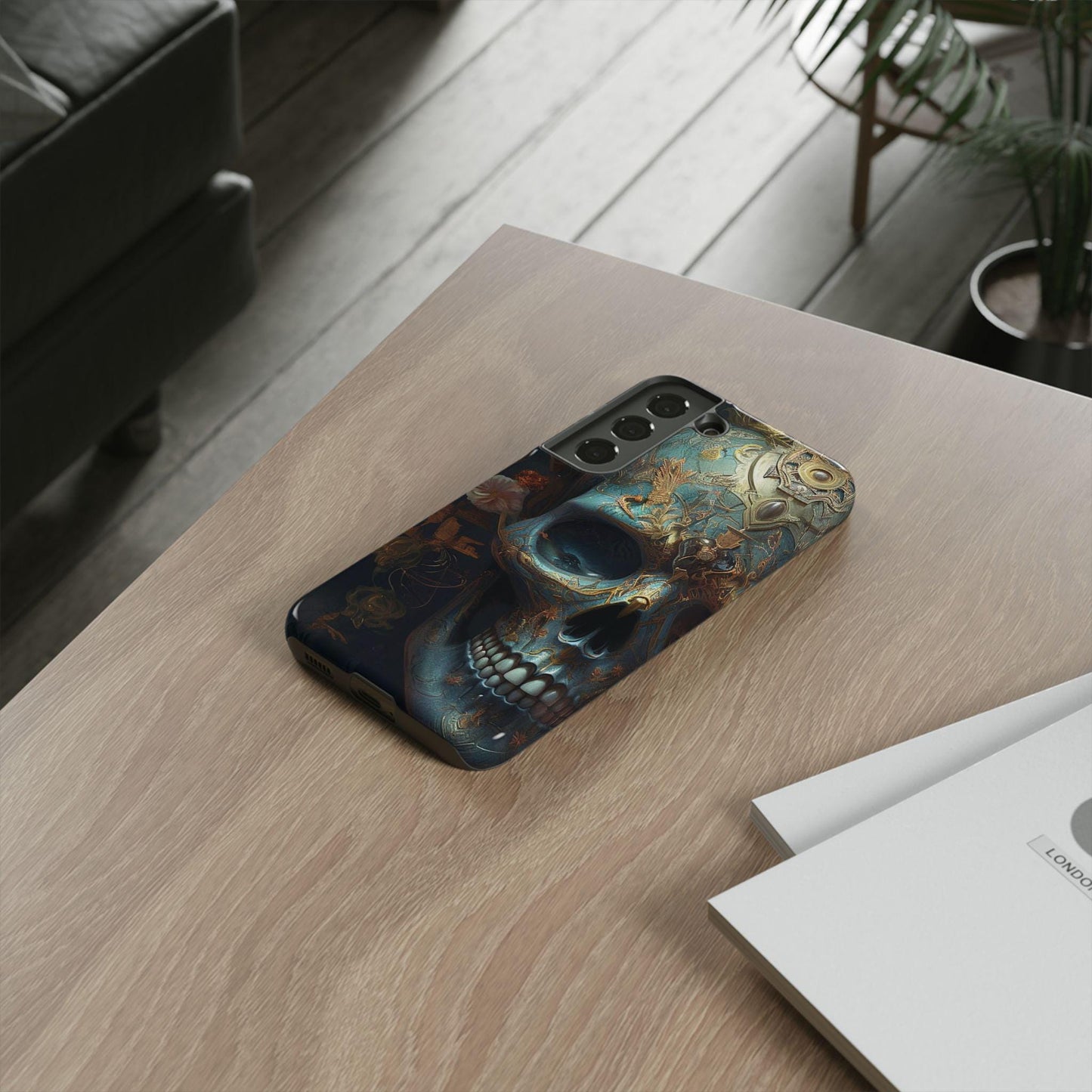 Ornate Decorated Sky Blue Skull Samsung and Google phone Tough Case | Ai Art