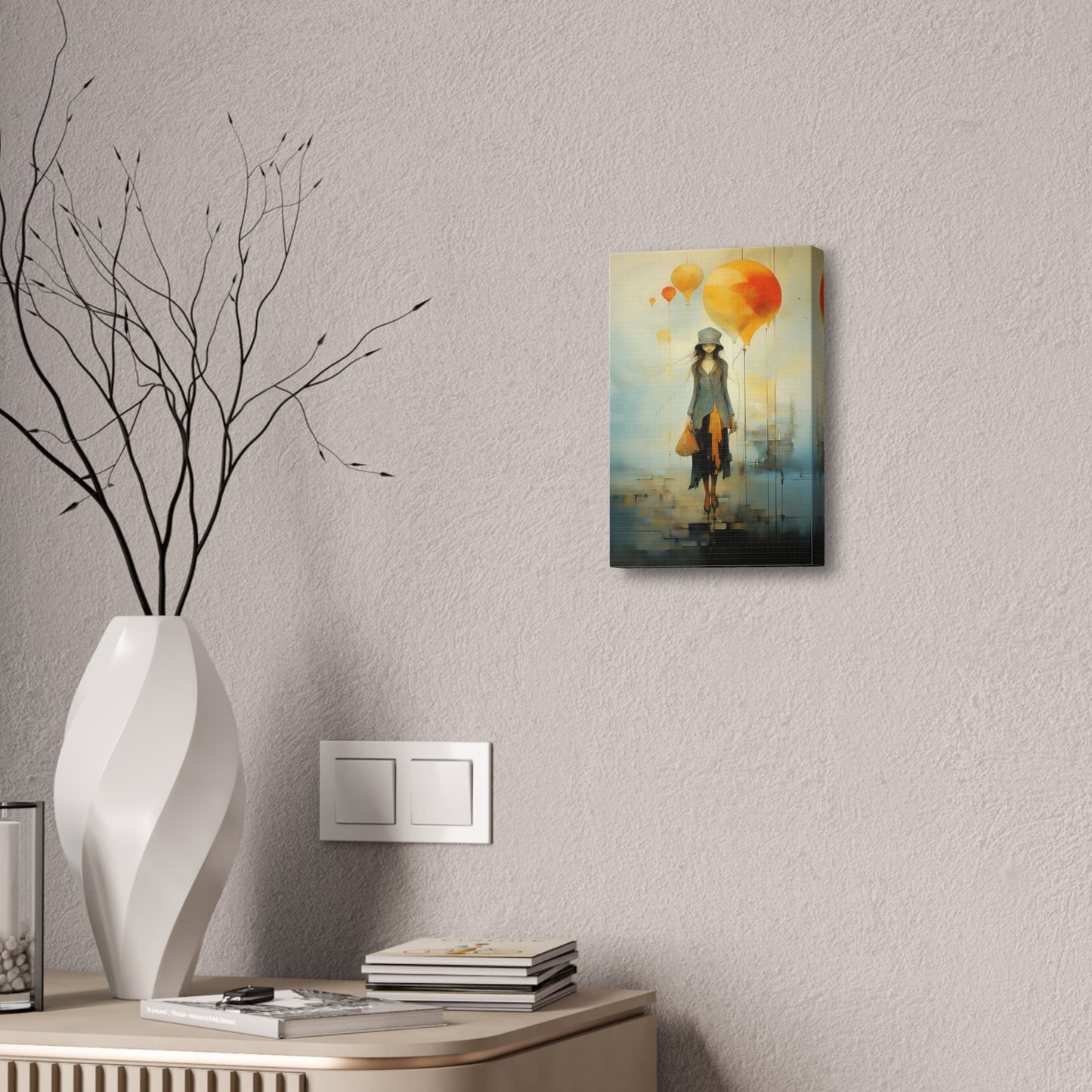 Elegant Girl with Balloons Wall Art | Whimsical and Surreal Canvas Print for Home Decor or college dorm room. Imperfect and Beautiful piece.