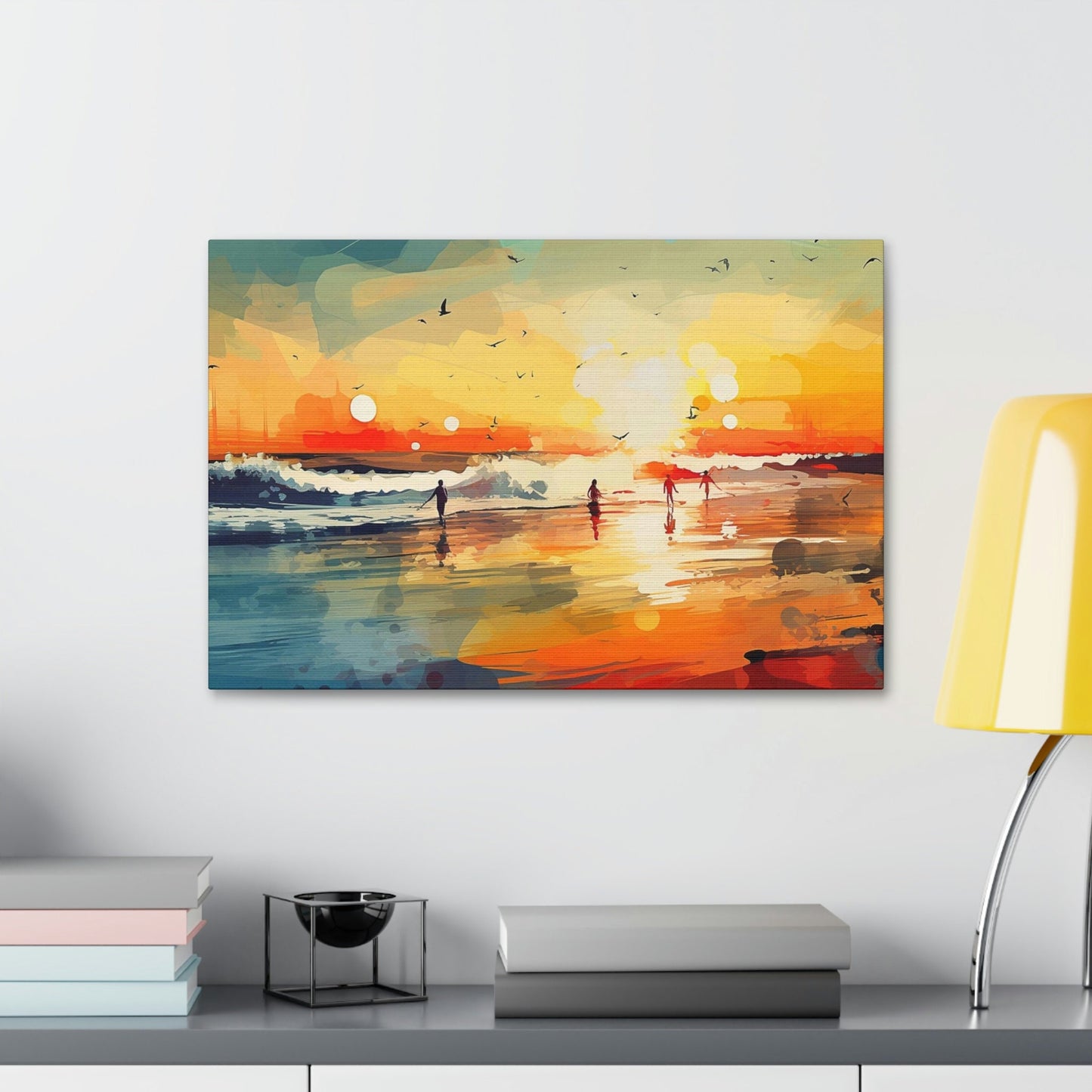 Surfer's Sunset Paradise. Ai Wall Art Impressionist style Painting Print showing a brilliant oceanside sunset .