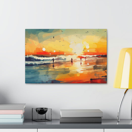 Surfer's Sunset Paradise. Ai Wall Art Impressionist style Painting Print showing a brilliant oceanside sunset .