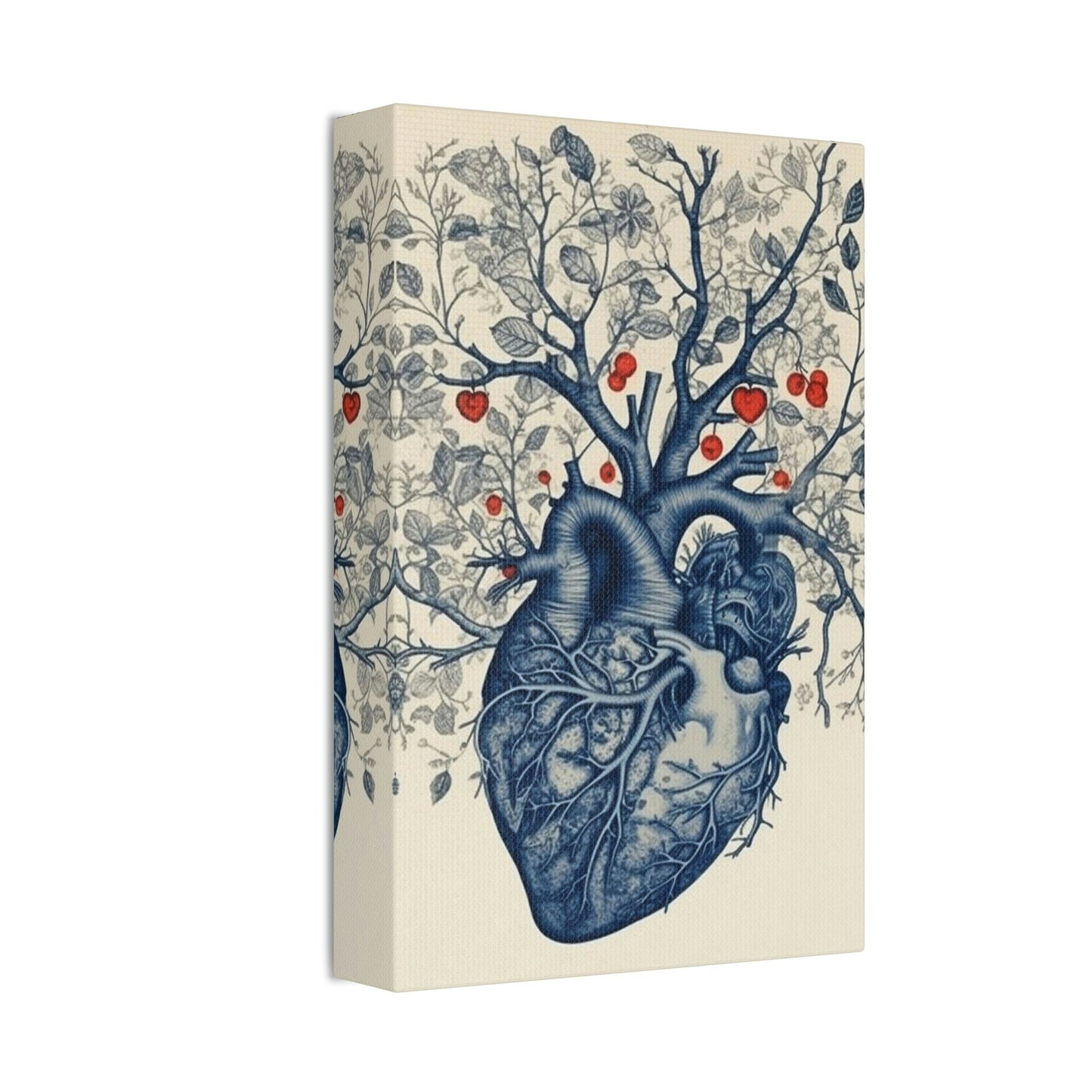 The Heart is the Root of Happiness. Ai Wall Art of an anatomical heart sprouting a tree with blooms. In Style of anatomical ink drawing.