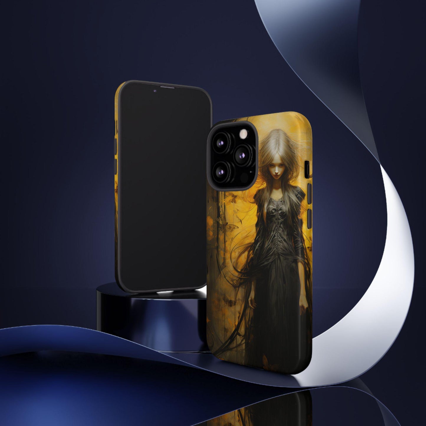 Phone Case, Creepy Girl in Black Dress Halloween Style on Yellow Gloss/Matte Cover, Spooky Gothic Design, Scary Witch Samsung/iPhone Case,