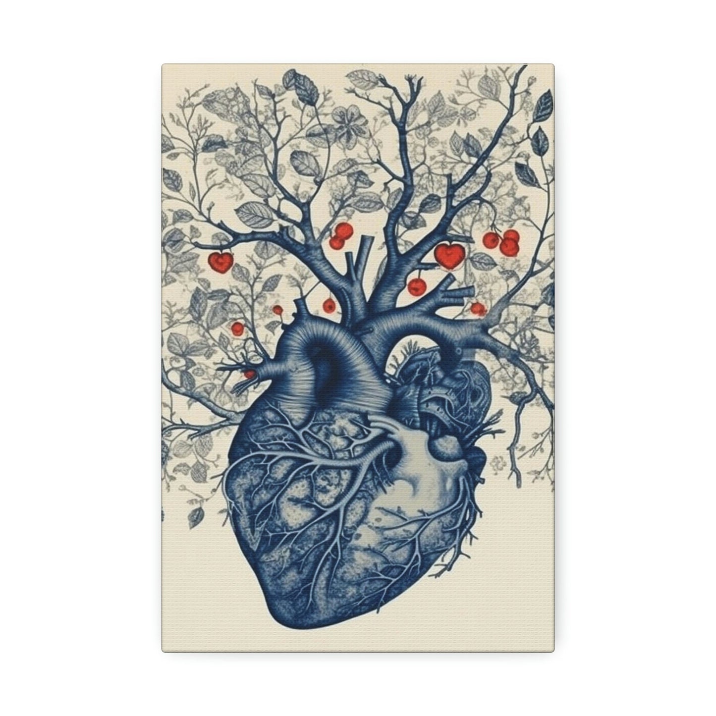 The Heart is the Root of Happiness. Ai Wall Art of an anatomical heart sprouting a tree with blooms. In Style of anatomical ink drawing.