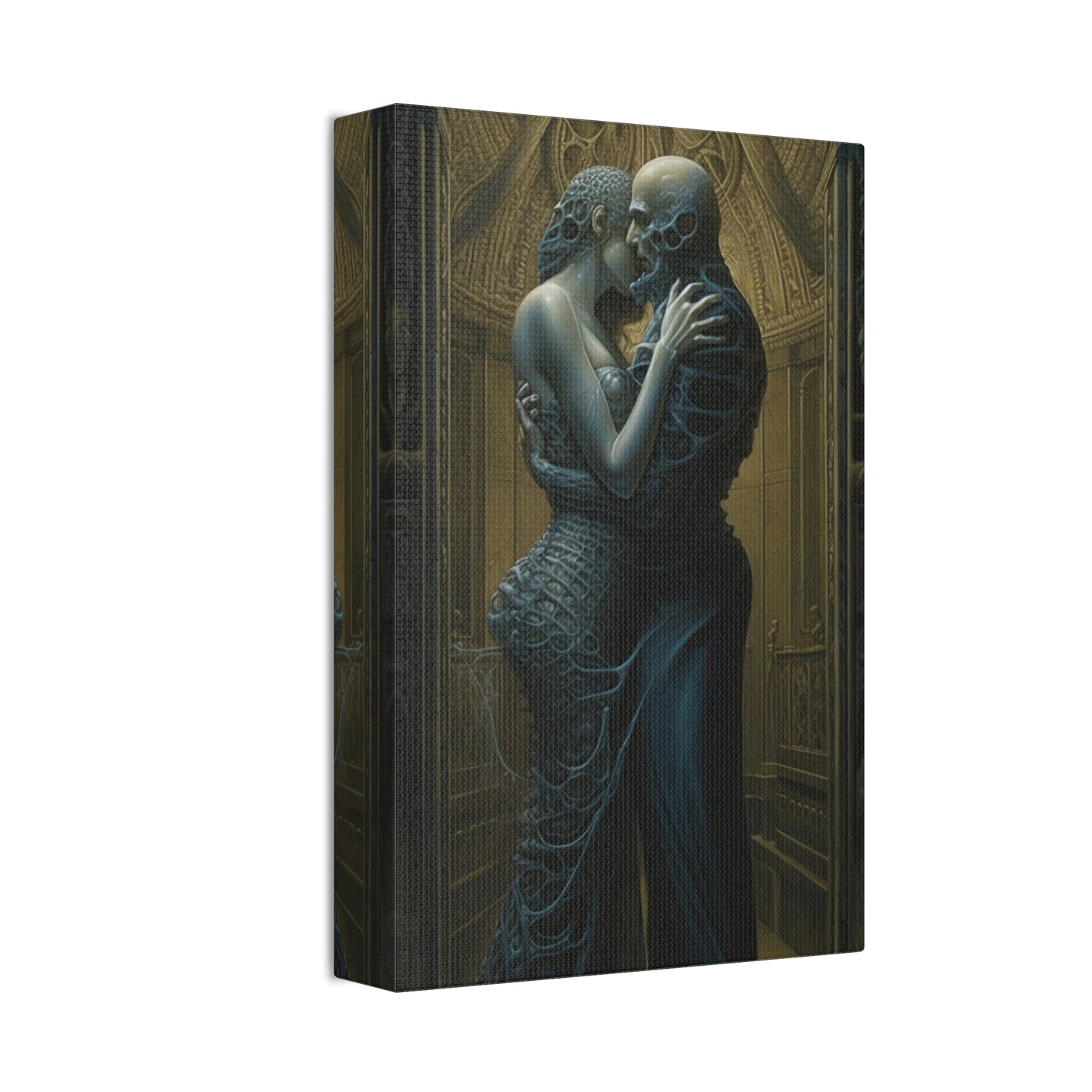 The Embrace: AI generated version mixing styles of H.R Giger with Gustav Klimt's masterpiece, The Kiss.