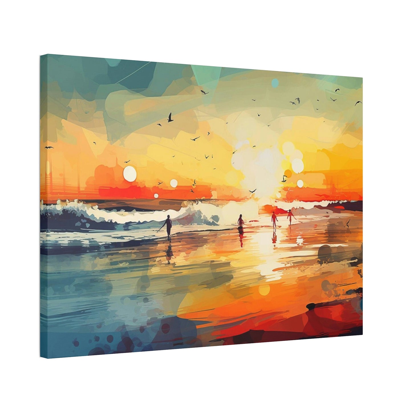 Surfer's Sunset Paradise. Ai Wall Art Impressionist style Painting Print showing a brilliant oceanside sunset .