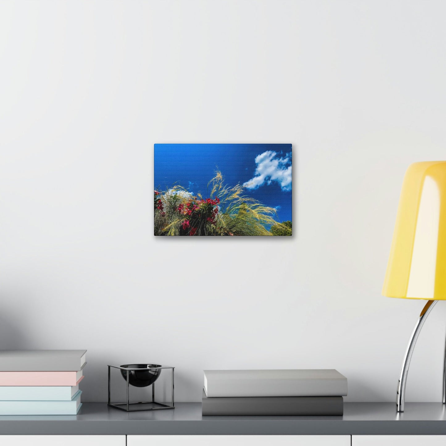 Red Flowers, Green Grass, White Clouds, and a brilliant Blue Sky: Brightly colored photograph print.