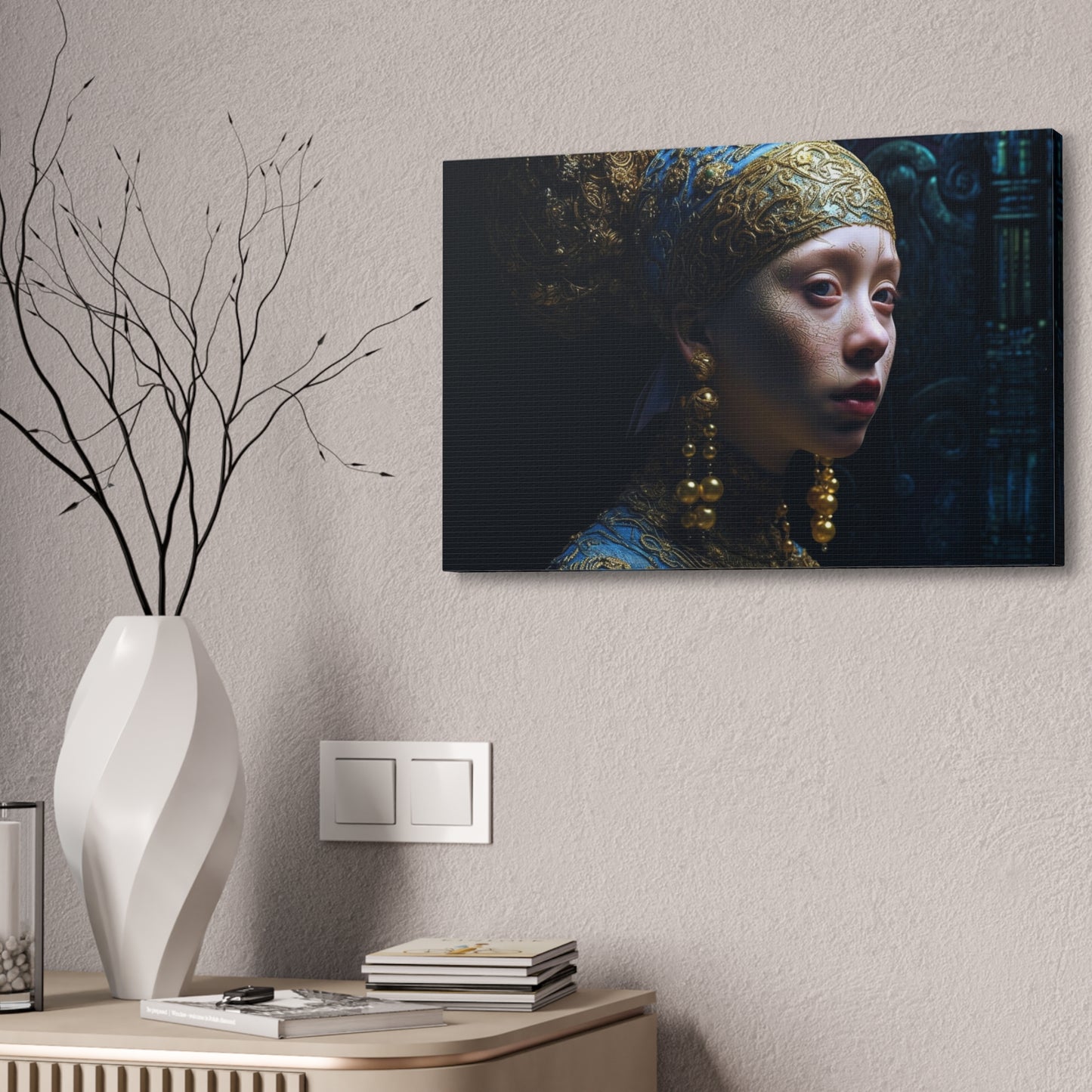 Ai Wall Art: Reimagined Photorealistic version of the Vermeer masterpiece, Girl with a Pearl Earring. Alternative POV with an alien twist.