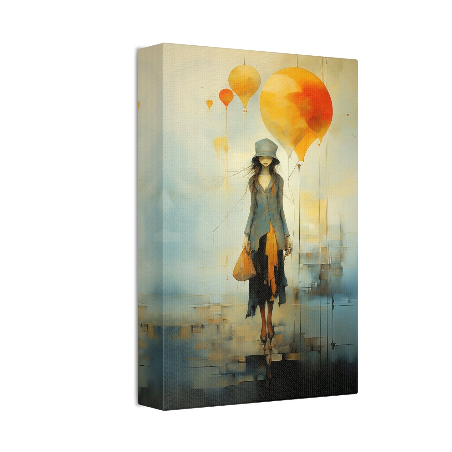 Elegant Girl with Balloons Wall Art | Whimsical and Surreal Canvas Print for Home Decor or college dorm room. Imperfect and Beautiful piece.