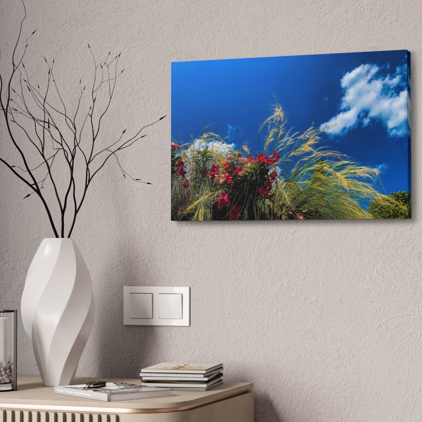 Red Flowers, Green Grass and Blue Sky: Photo Print