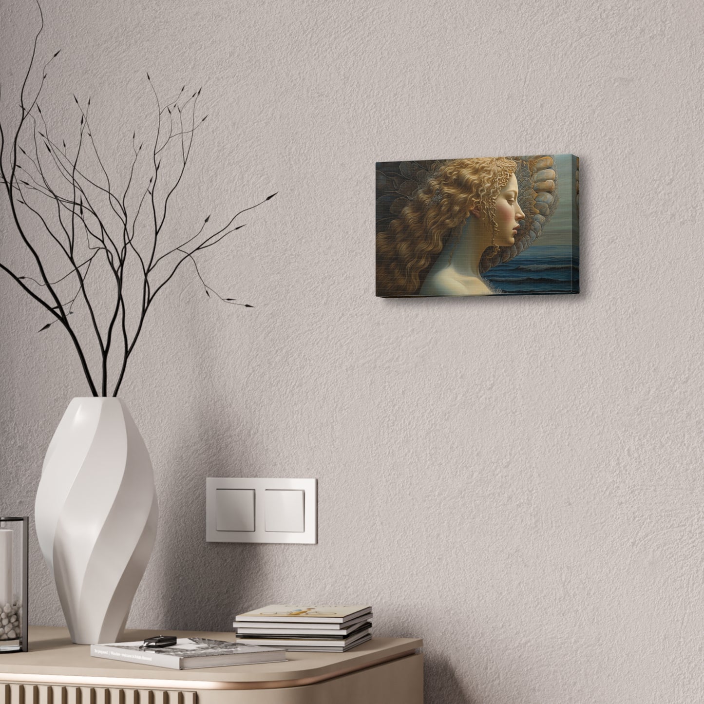Ai Wall Art: Reimagined version of Botticelli's masterpiece, The Birth of Venus from a profile view. This is a beautiful, yet haunting print