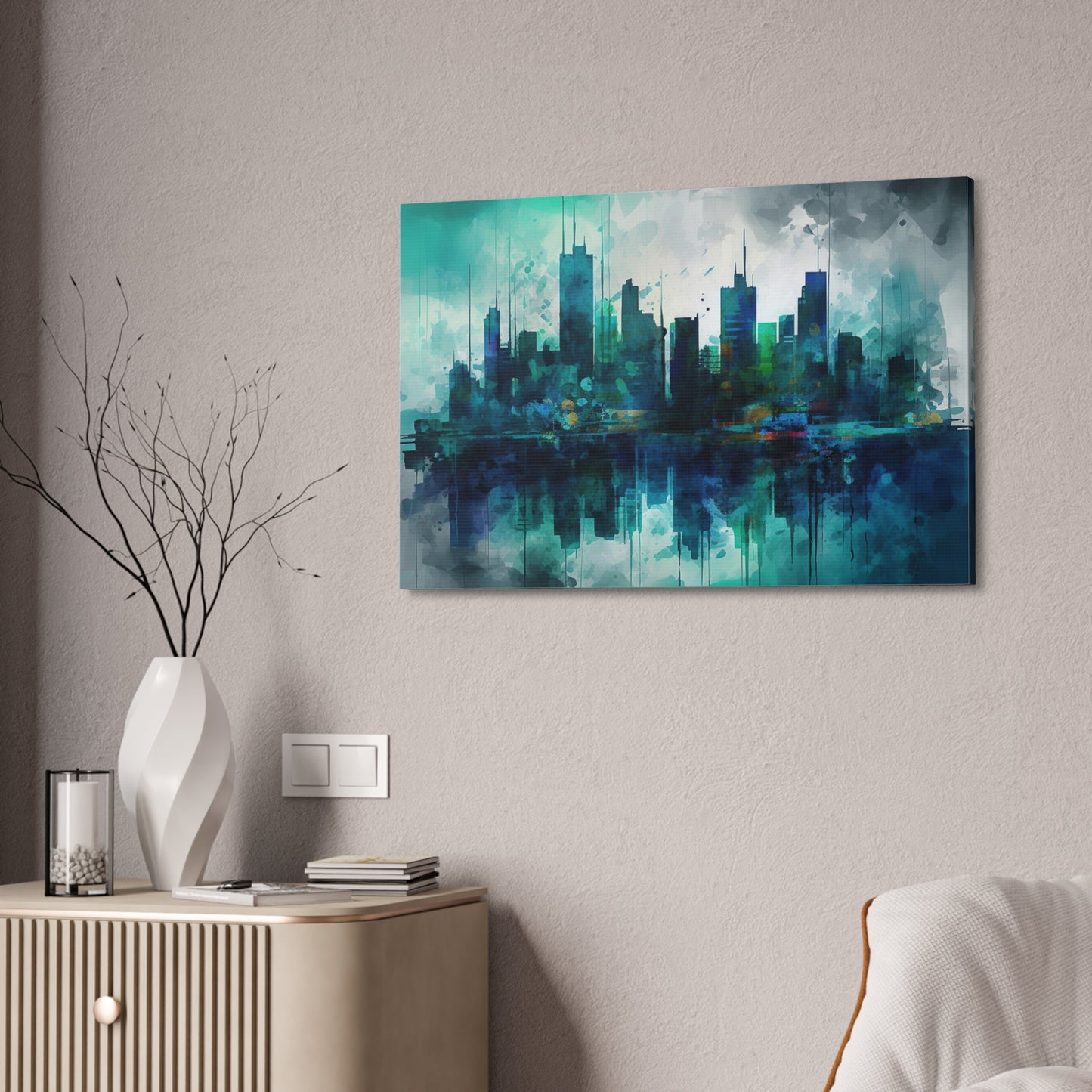 Greens and Blues of a reflected Waterfront Skyline: Abstract Painting Print