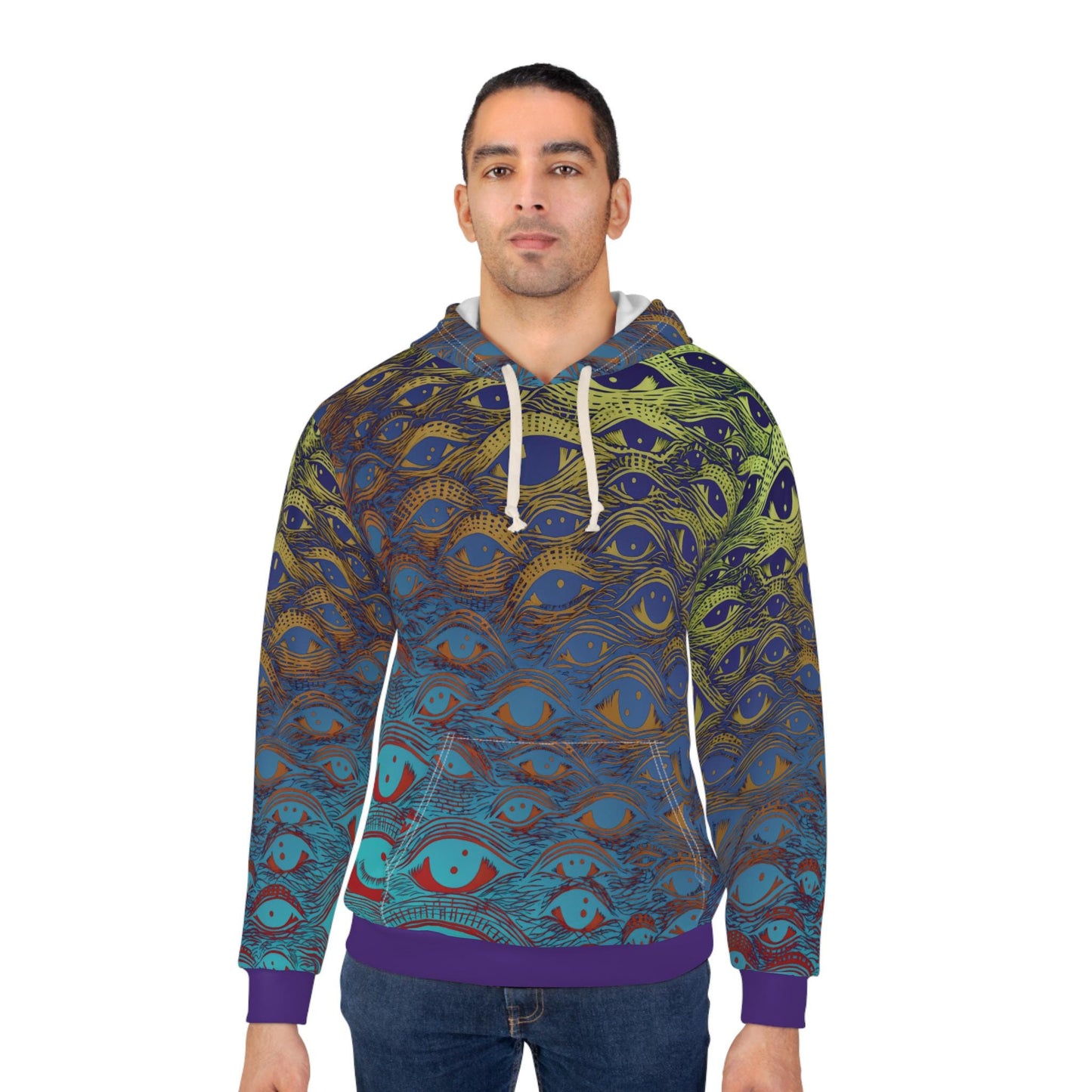 All Eyes On Me Color Hoodie | Unisex Pullover with Hypnotic Eye Design Unique, Trendy Streetwear. Multicolored one-of-a-kind sweatshirt.