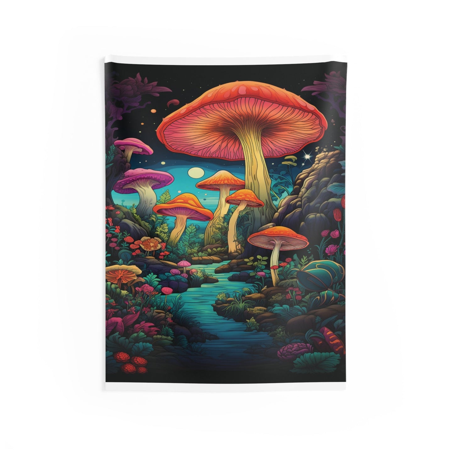 Whimsical Forest Mushroom Wall Tapestry - Vibrant Psychedelic Art Decor for Home & Dorm. Trippy mushroom and outdoor scene.