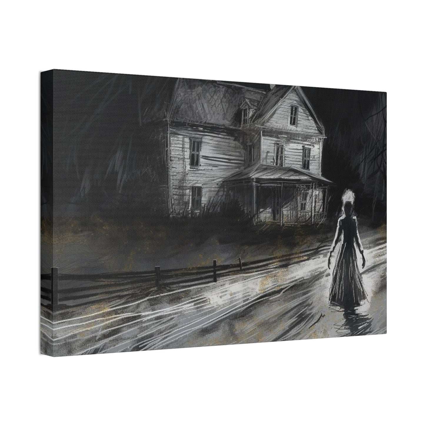 Haunting Charcoal and Pastel Sketch of a slender dark woman on a lonely path by an ominous house: AI generated ominous wall art.