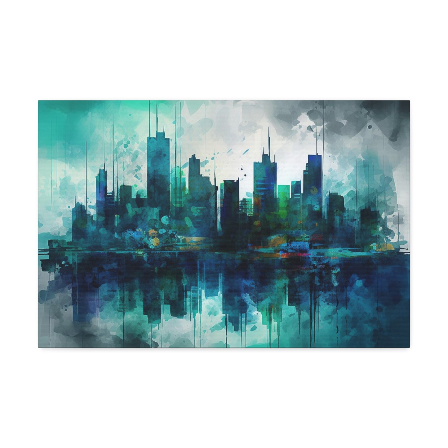 Greens and Blues of a reflected Waterfront Skyline: Abstract Painting Print