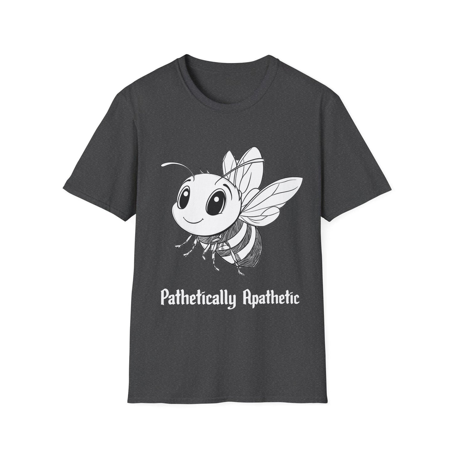 Funny Smiling Bee Unisex Softstyle T-Shirt, Cartoon Pencil, 'Pathetically Apathetic' Tee, Gift for Bee Lover, Humor Graphic Shirt