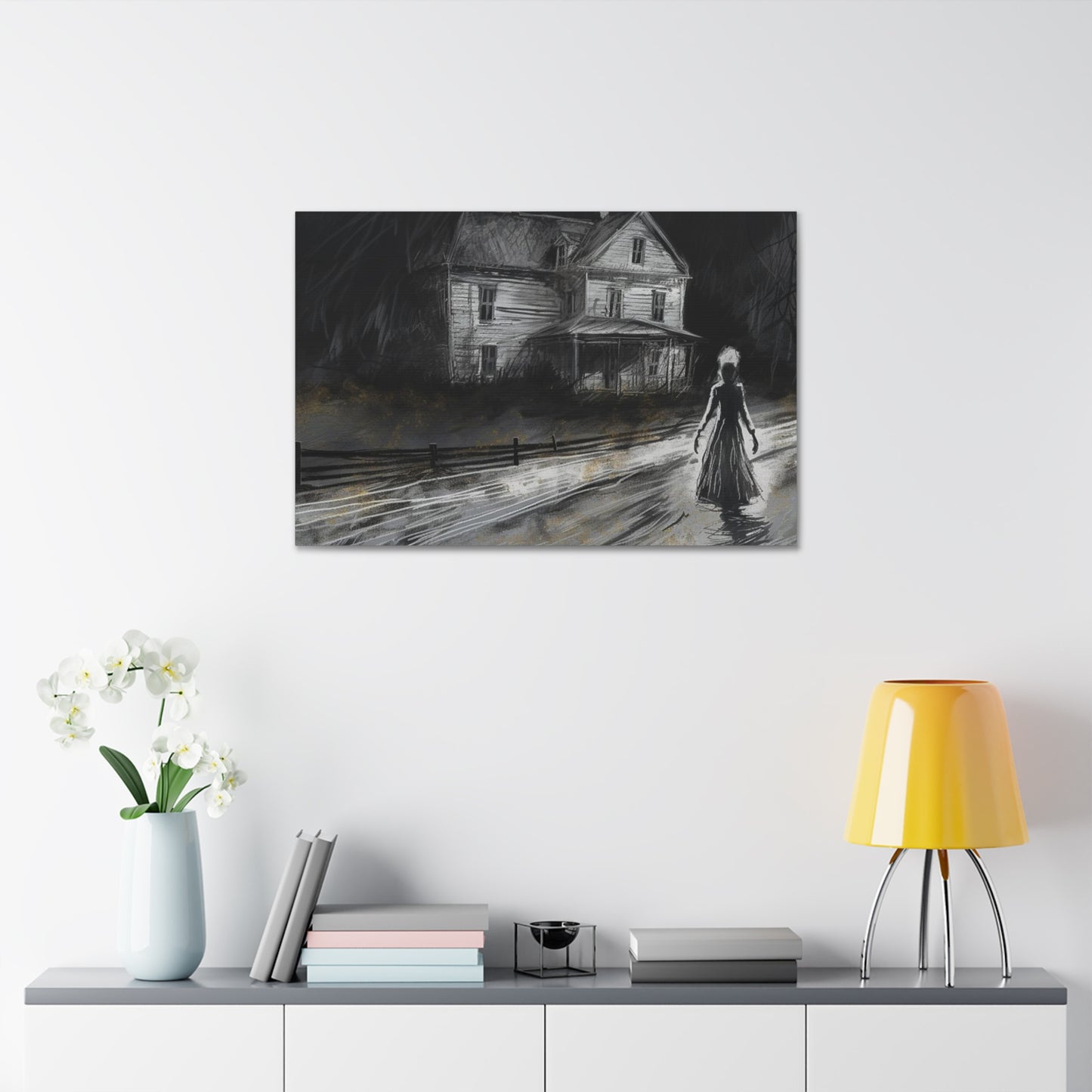 Haunting Charcoal and Pastel Sketch of a slender dark woman on a lonely path by an ominous house: AI generated ominous wall art.