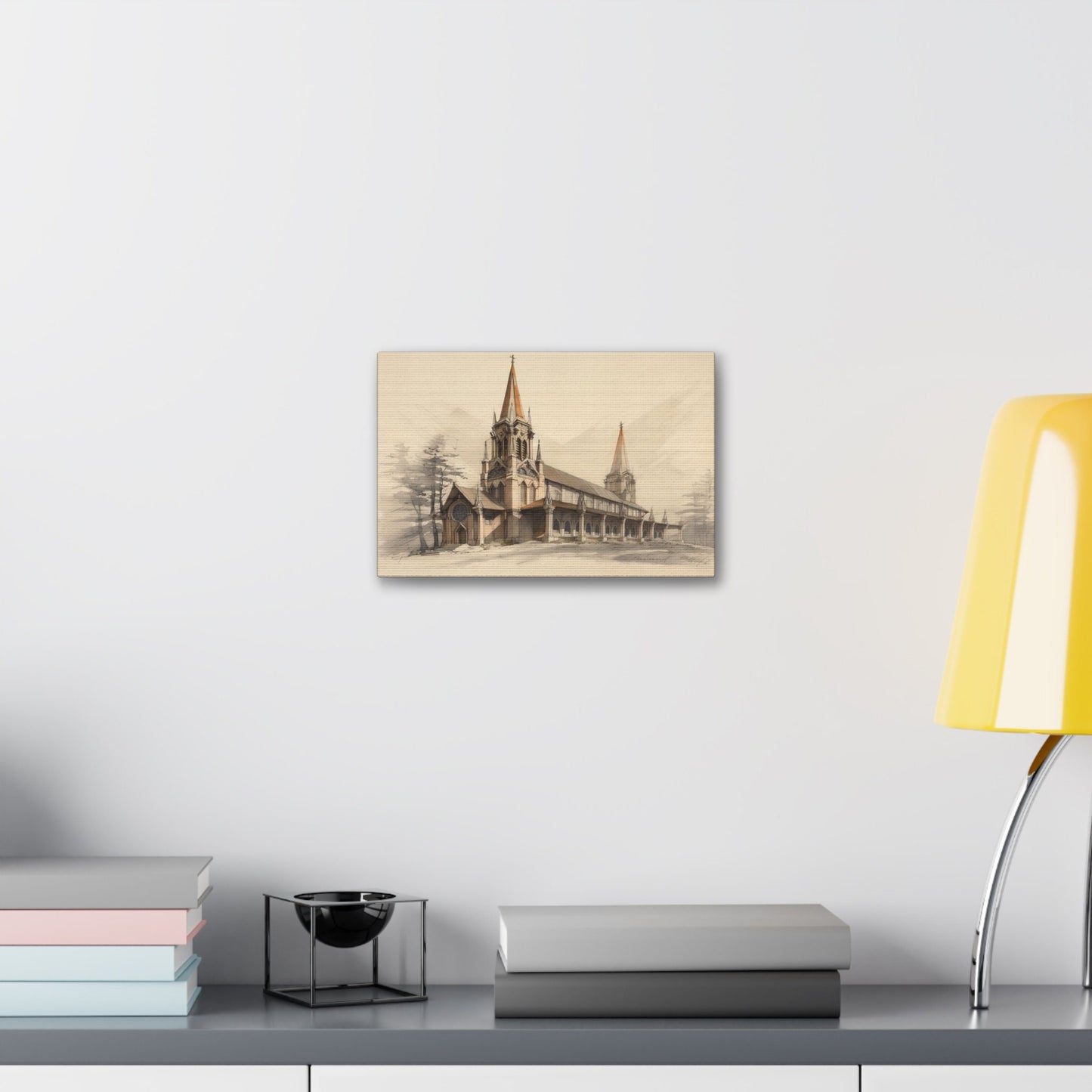 Unique wall art for college apartments or new homes | Architectural Drawing of a Church no.1 on weathered canvas | Ai Wall Art
