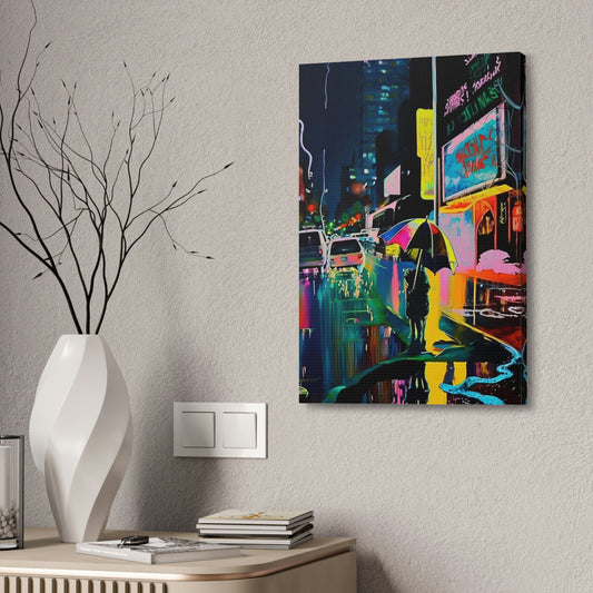 Neon city street scene. Brightly colored Ai Wall Art resembling an impressionistic painting similar to Japanese city art.