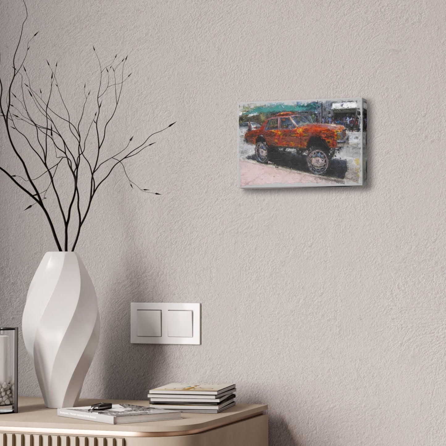 Unique College Dorm or New Apartment Wall Art | Oil Painted Car with Huge Rims. Ai generated.