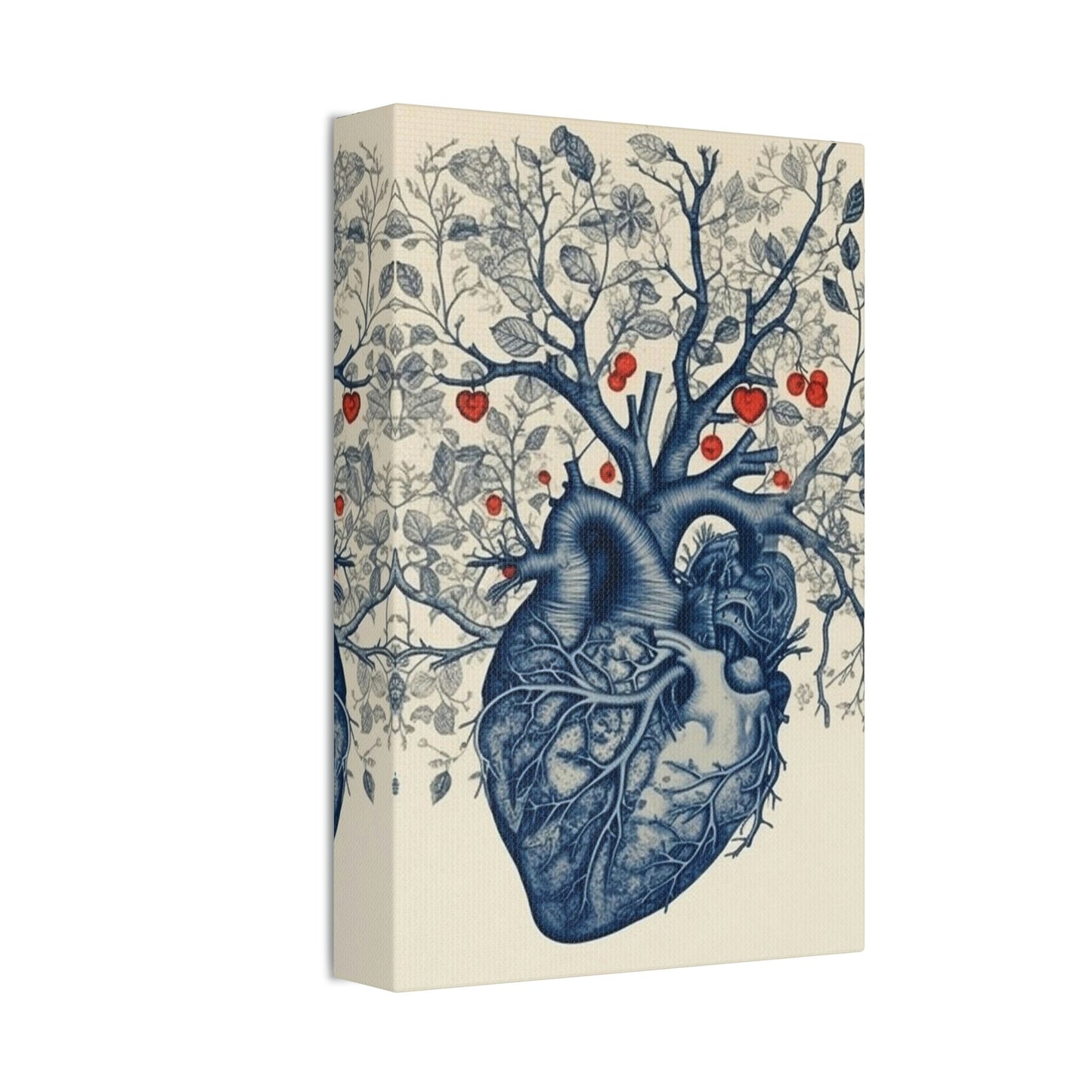 The Heart is the Root of Happiness. Ai Wall Art of an anatomical heart sprouting a tree with blooms. In Style of anatomical ink drawing.