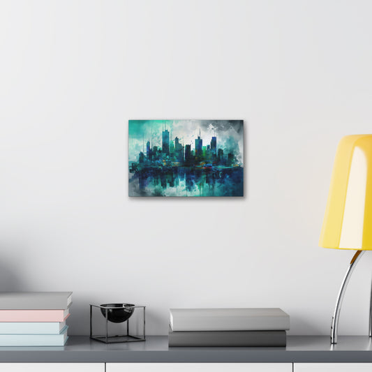 Greens and Blues of a reflected Waterfront Skyline: Abstract Painting Print