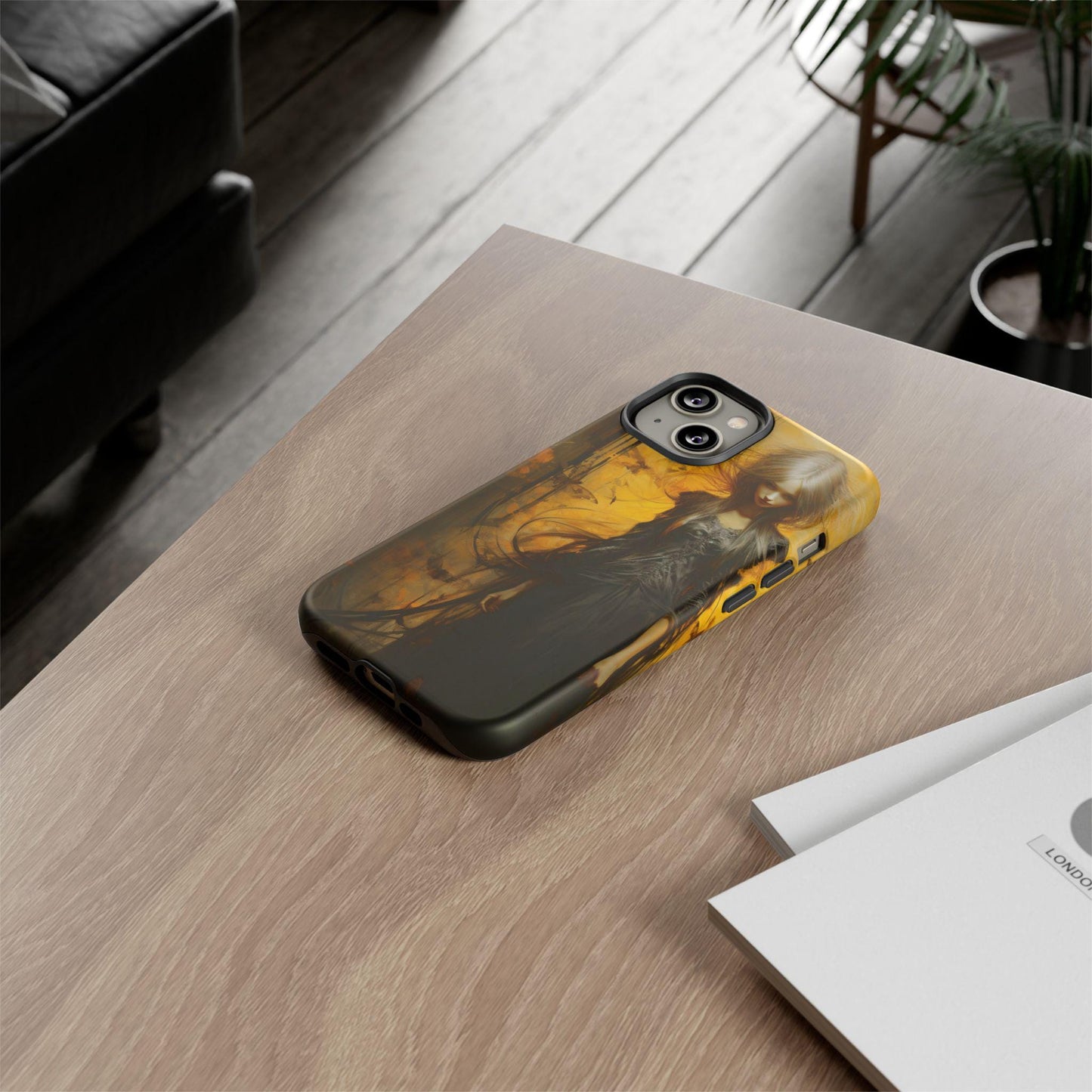 Phone Case, Creepy Girl in Black Dress Halloween Style on Yellow Gloss/Matte Cover, Spooky Gothic Design, Scary Witch Samsung/iPhone Case,