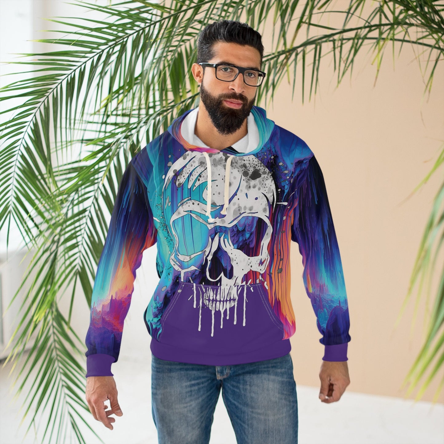 Most unique sweatshirt ever made. Purple, teal, pink, and orange Pixel drip graffiti skull Unisex Pullover Hoodie. Everyone wants one!