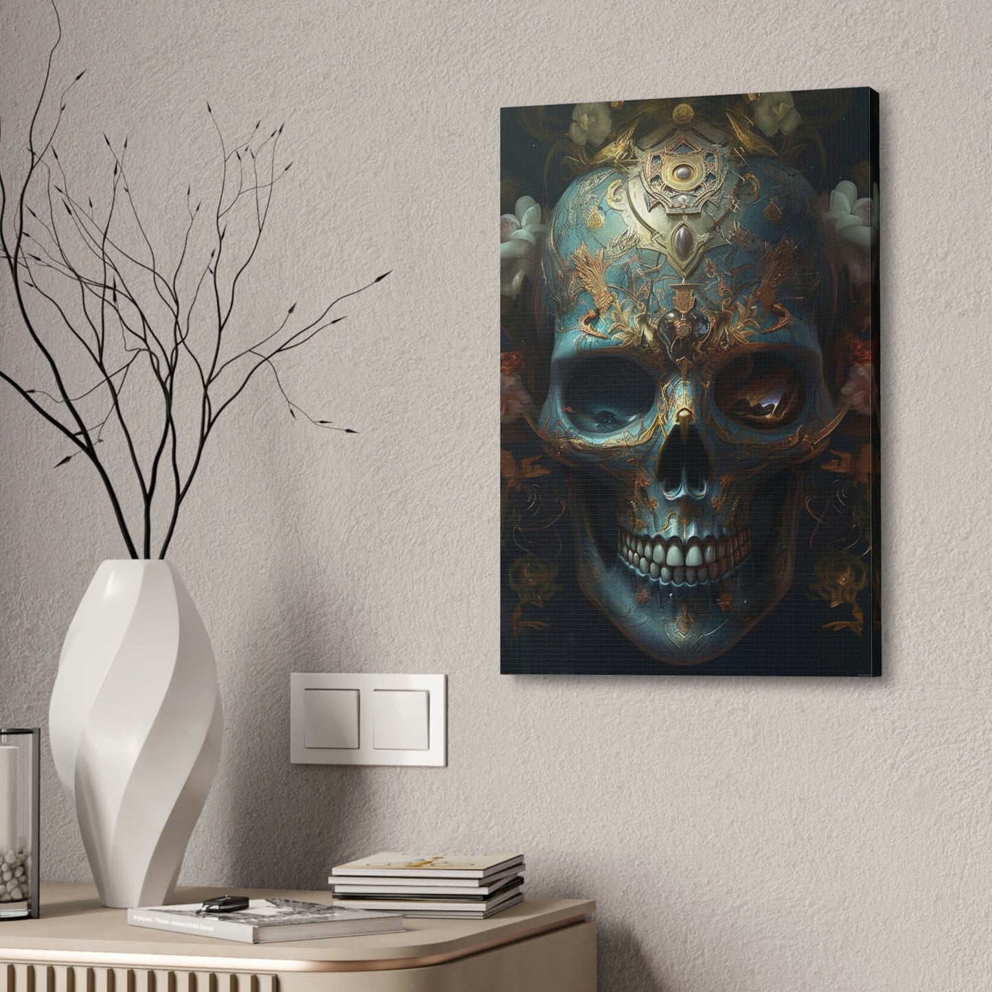 Unique wall art for college apartments or new homes | Ornate Skull #1: Sky Blue AI Hyper-Realistic Wall Art Painting with Intricate Designs