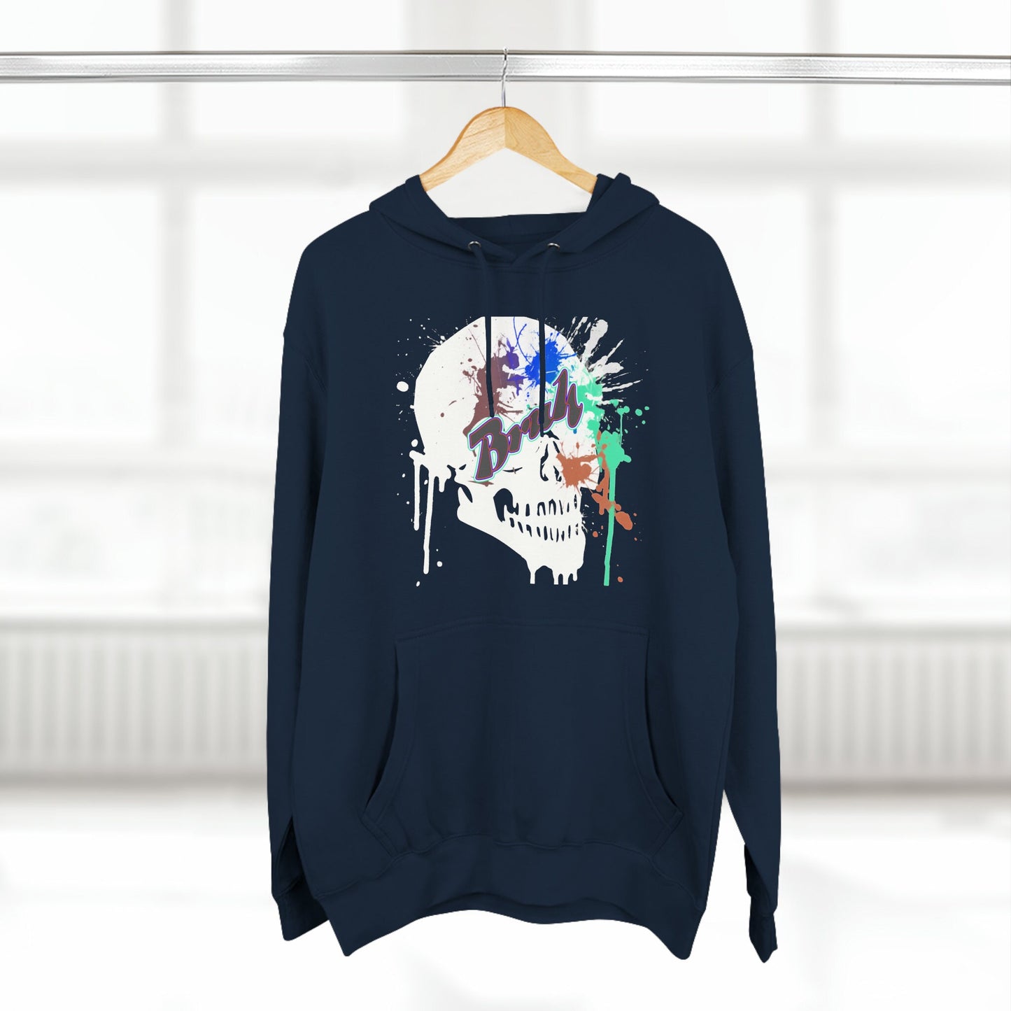 Strange and Unique sweatshirt that will have everyone talking. Bruh Skull with graffiti splash.  Unisex Premium Pullover Hoodie.