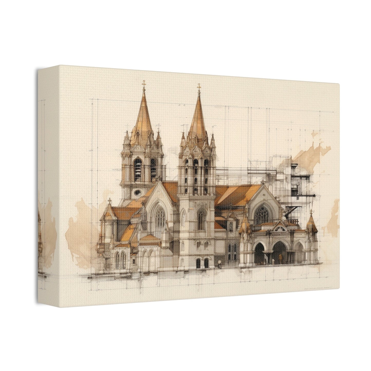 Unique wall art for college apartments or new homes | Architectural Drawing of a Church no.4 on weathered canvas | Ai Wall Art
