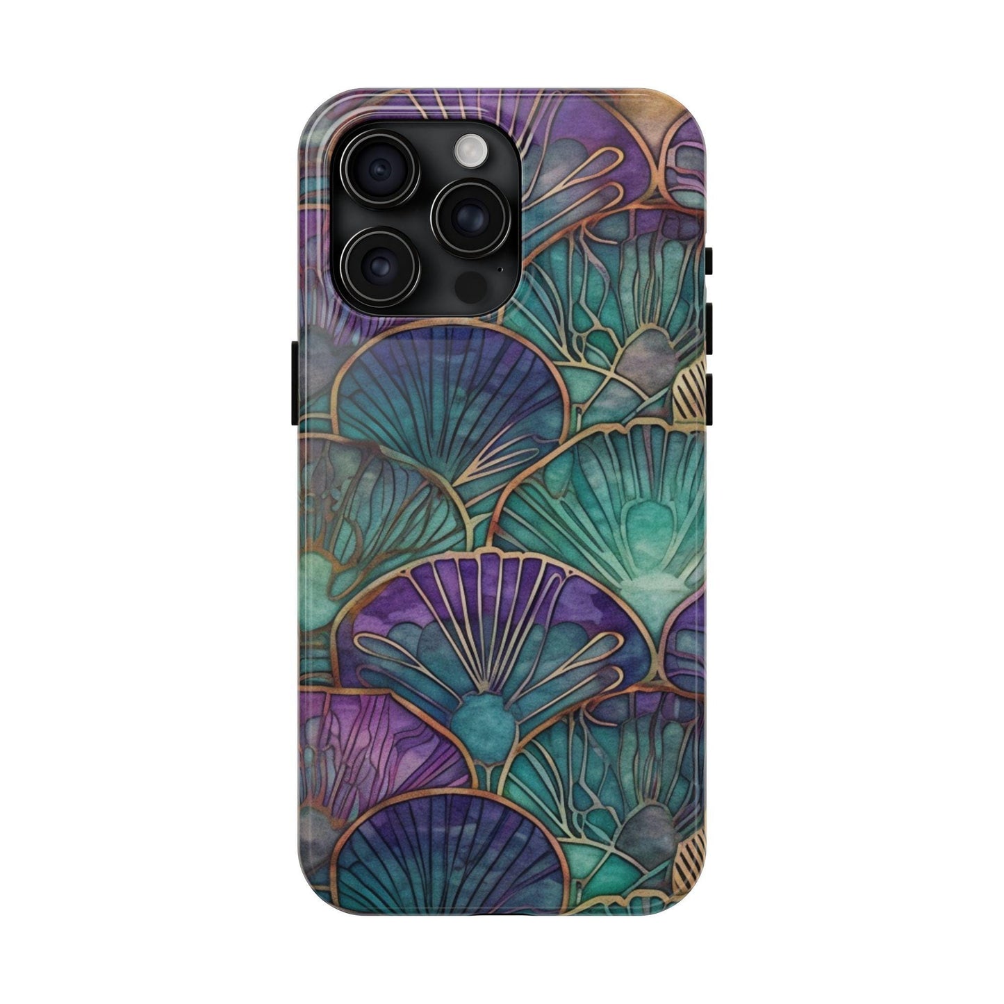 Ai Generated Art. Teal, Purple and Gold Stained Glass Shells : Tough Samsung Galaxy or iPhone Case