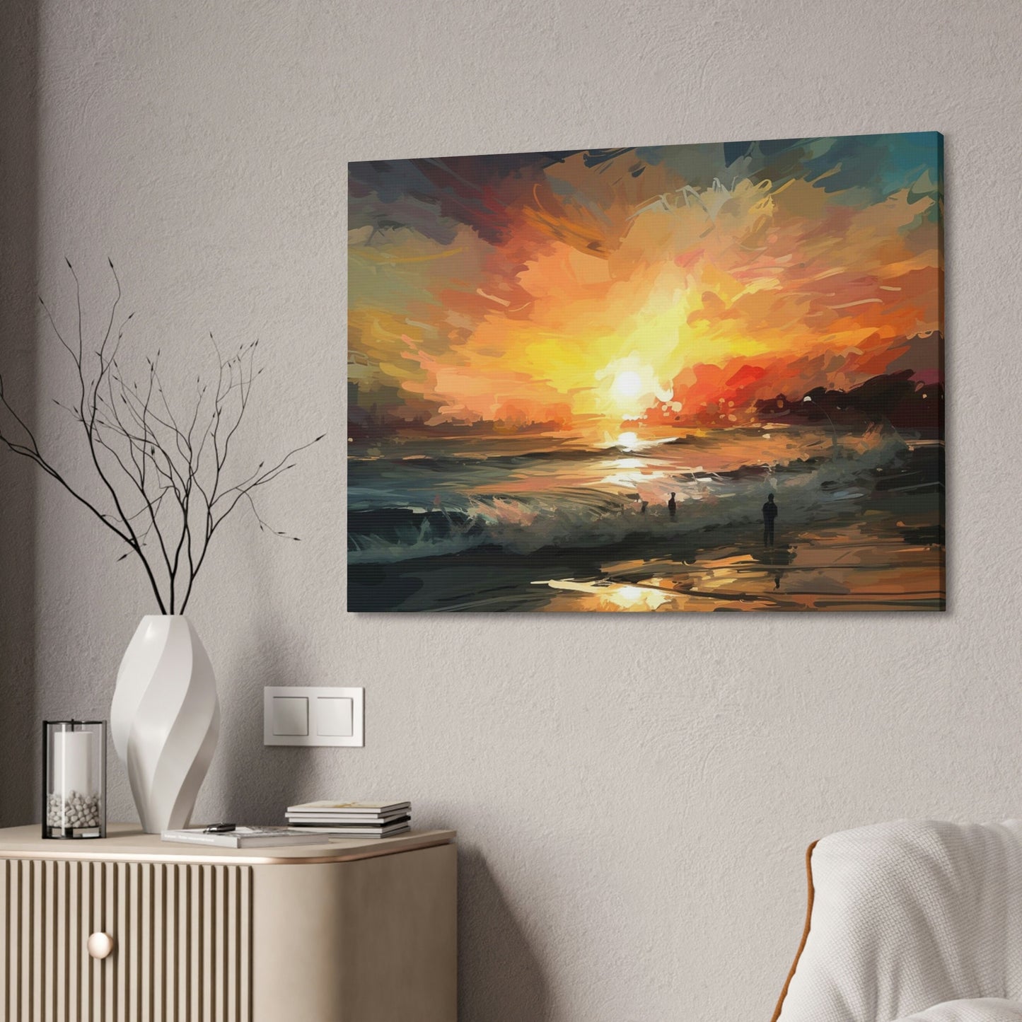 Unique wall art for college apartments or new homes | The Sky is on FIRE, Let's Surf!. Ai Art of a fiery sunset over the ocean.