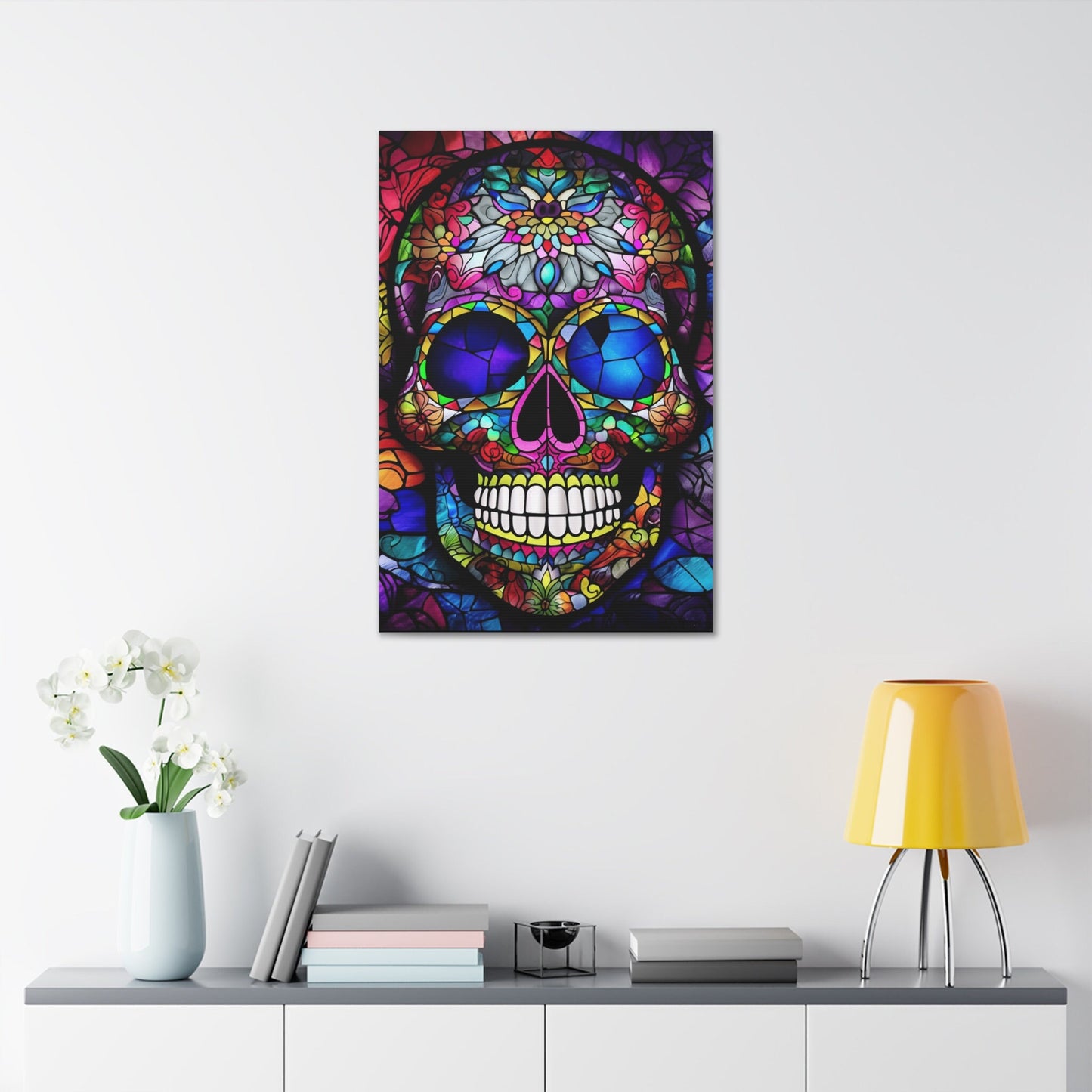 Vibrant Stained Glass Mexican Sugar Skull Print. Unique Wall Art for your Home, Apartment, Dorm Room. Folk Art Inspired Home Decor.