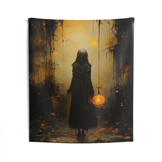 Shadowy Girl in the Dark Woods Indoor Wall Tapestries for all your Smoker Friends. Unique AI Art designs for your dorm or chillout rooms.