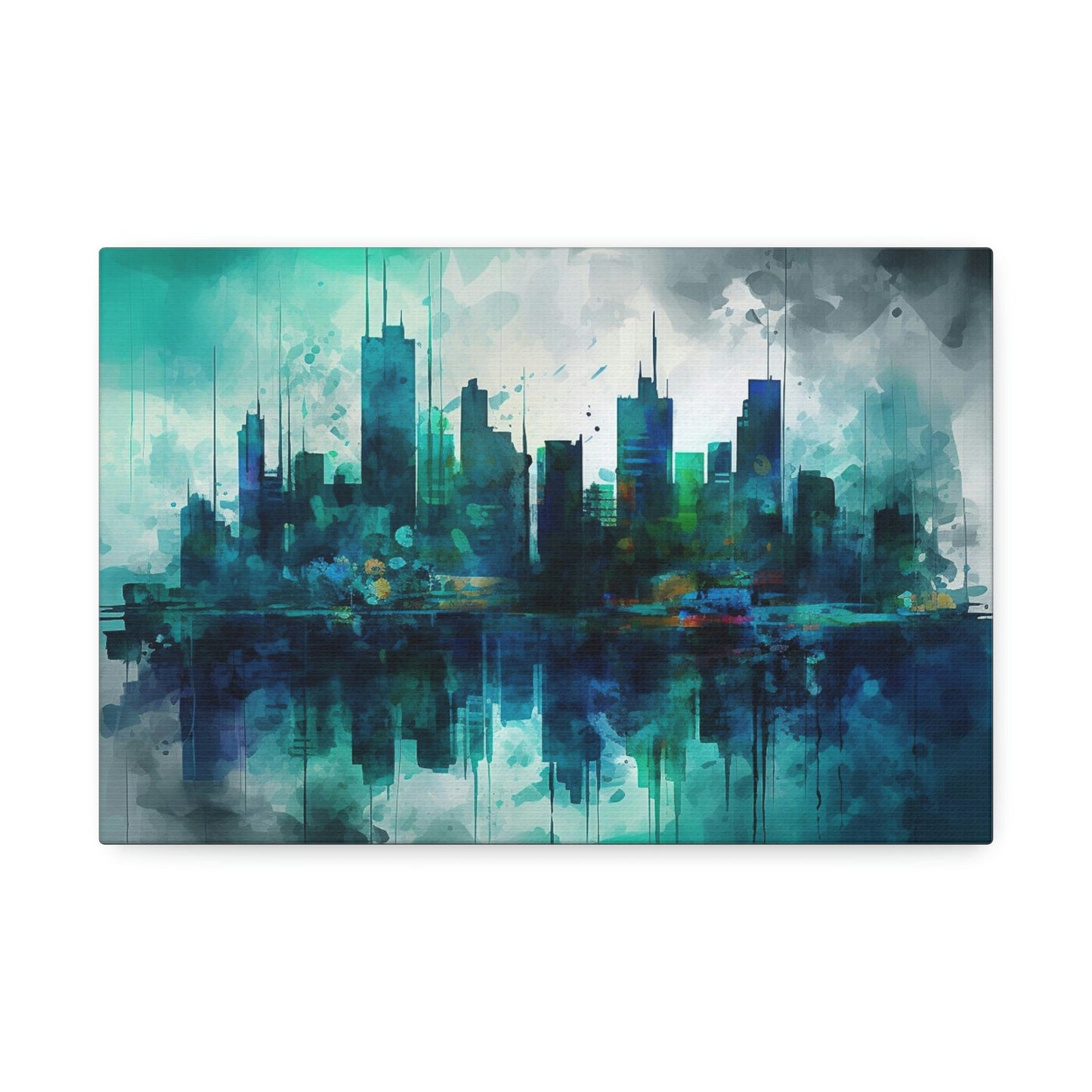 Unique wall art for college apartments or new homes | Greens and Blues of a reflected Waterfront Skyline: Ai Wall Art